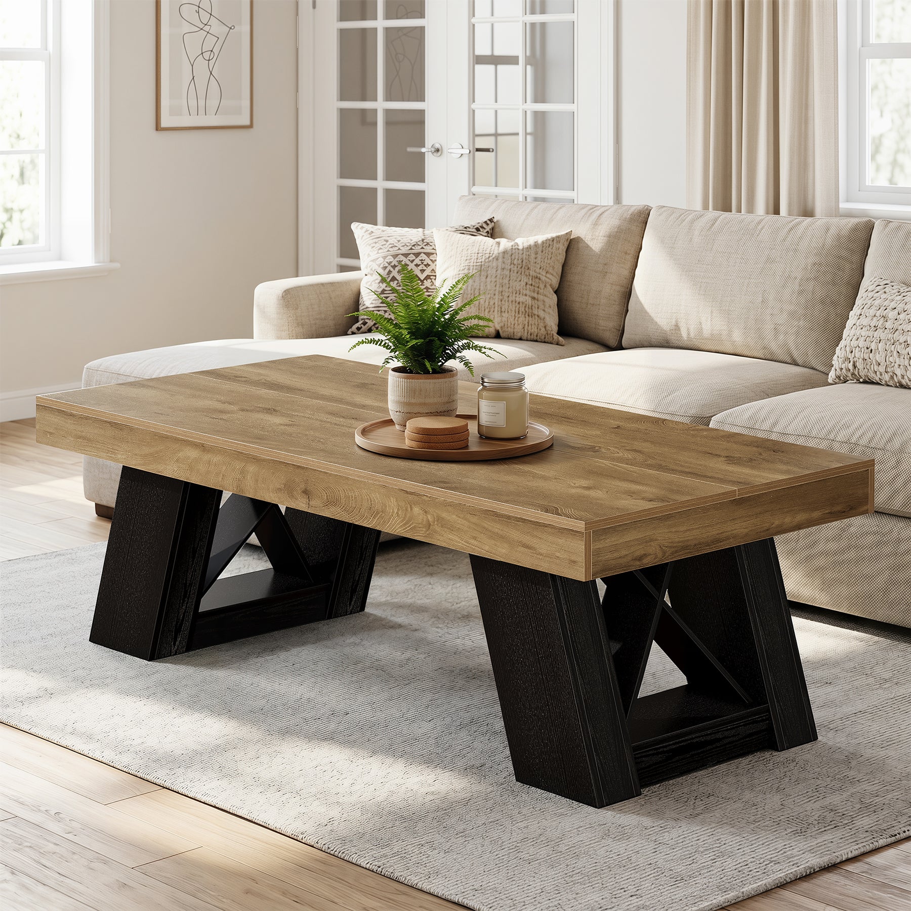 Tribesigns 55-Inch Large Coffee Table, Thick Top X-Frame Table for Living Room