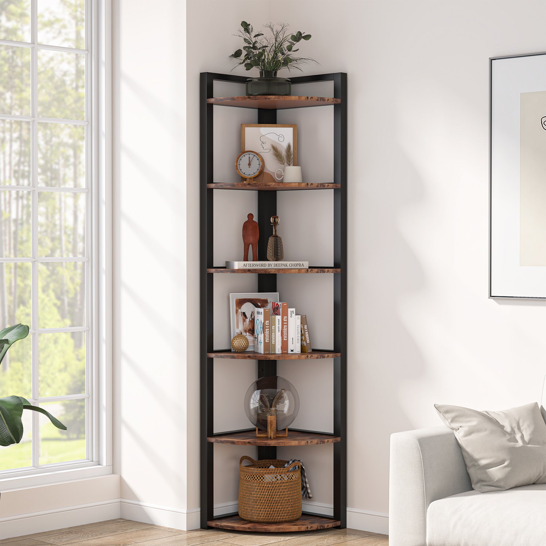 6-Tier Corner Shelf, 70.9 Inch Tall Corner Bookshelf Small Bookcase Rustic Corner Shelving Unit Storage Rack