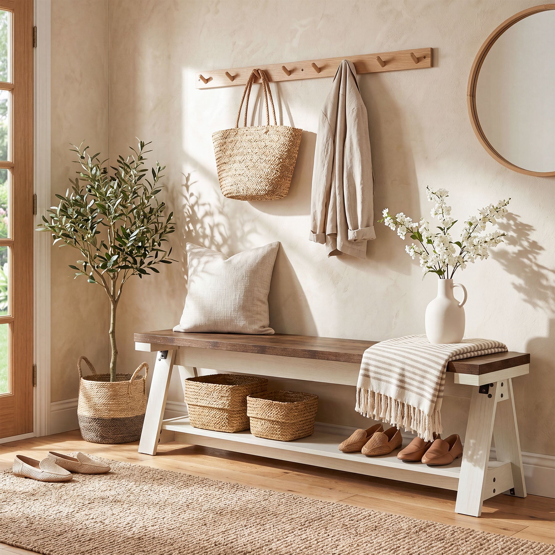 59 Inch Wooden Entryway Bench with Open Shelves, Farmhouse 2-Tier