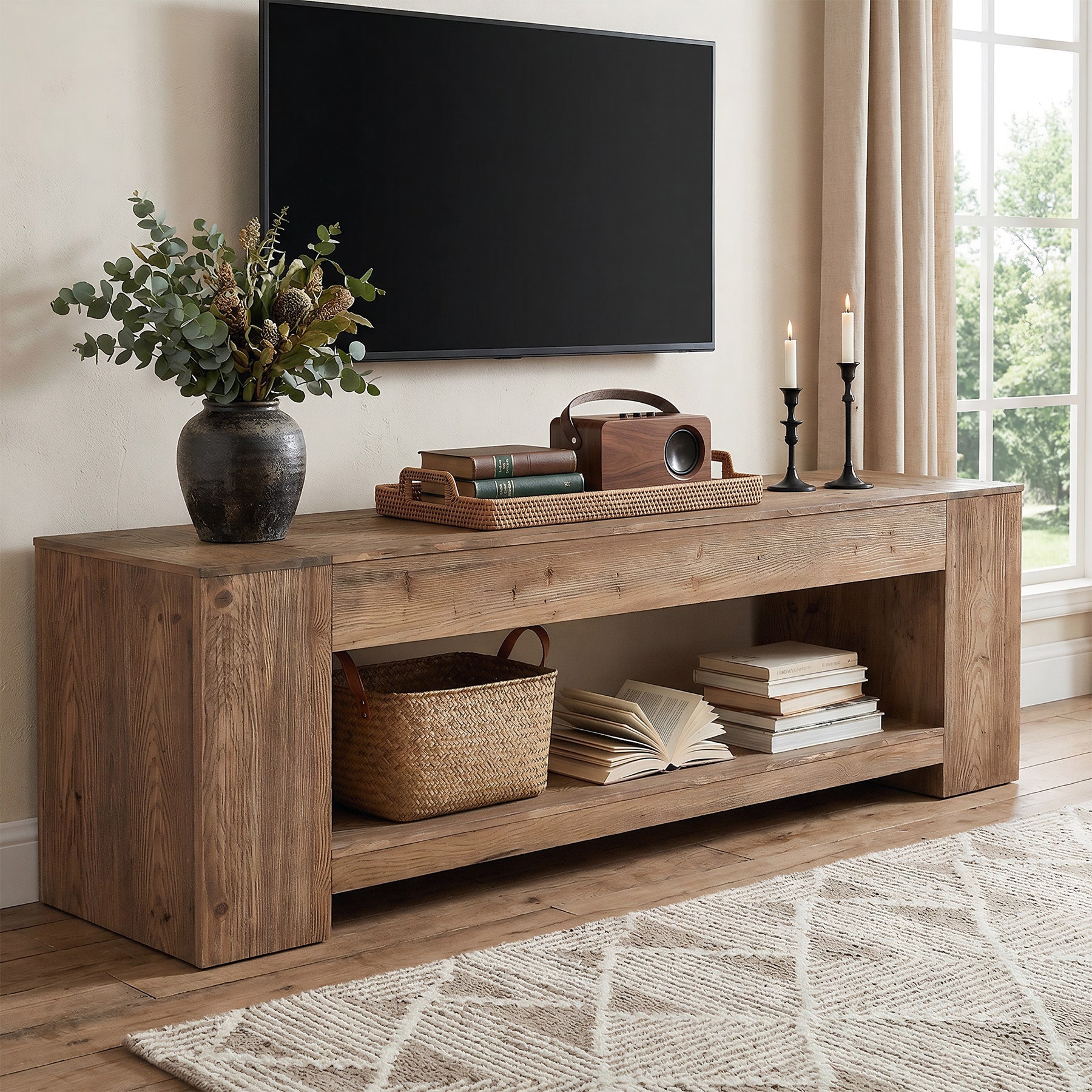 Tribesigns 63" Solid Wood TV Stand, Farmhouse Console for Living Room
