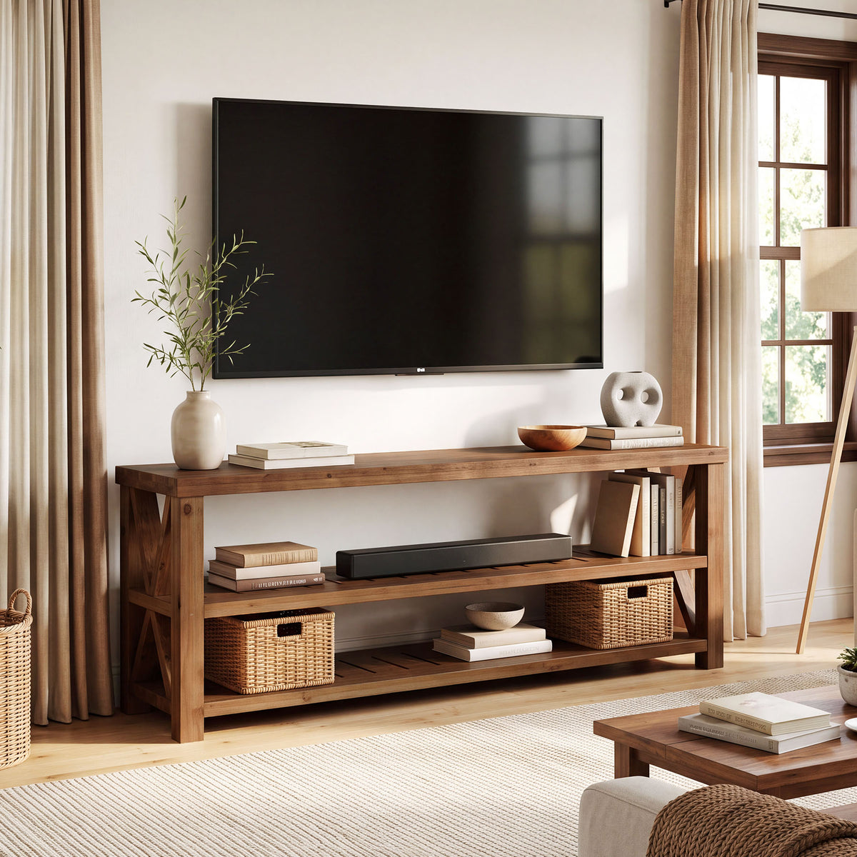 55" TV Stand for TVs up to 65", Solid Wood TV Console with 3 Storage Shelf