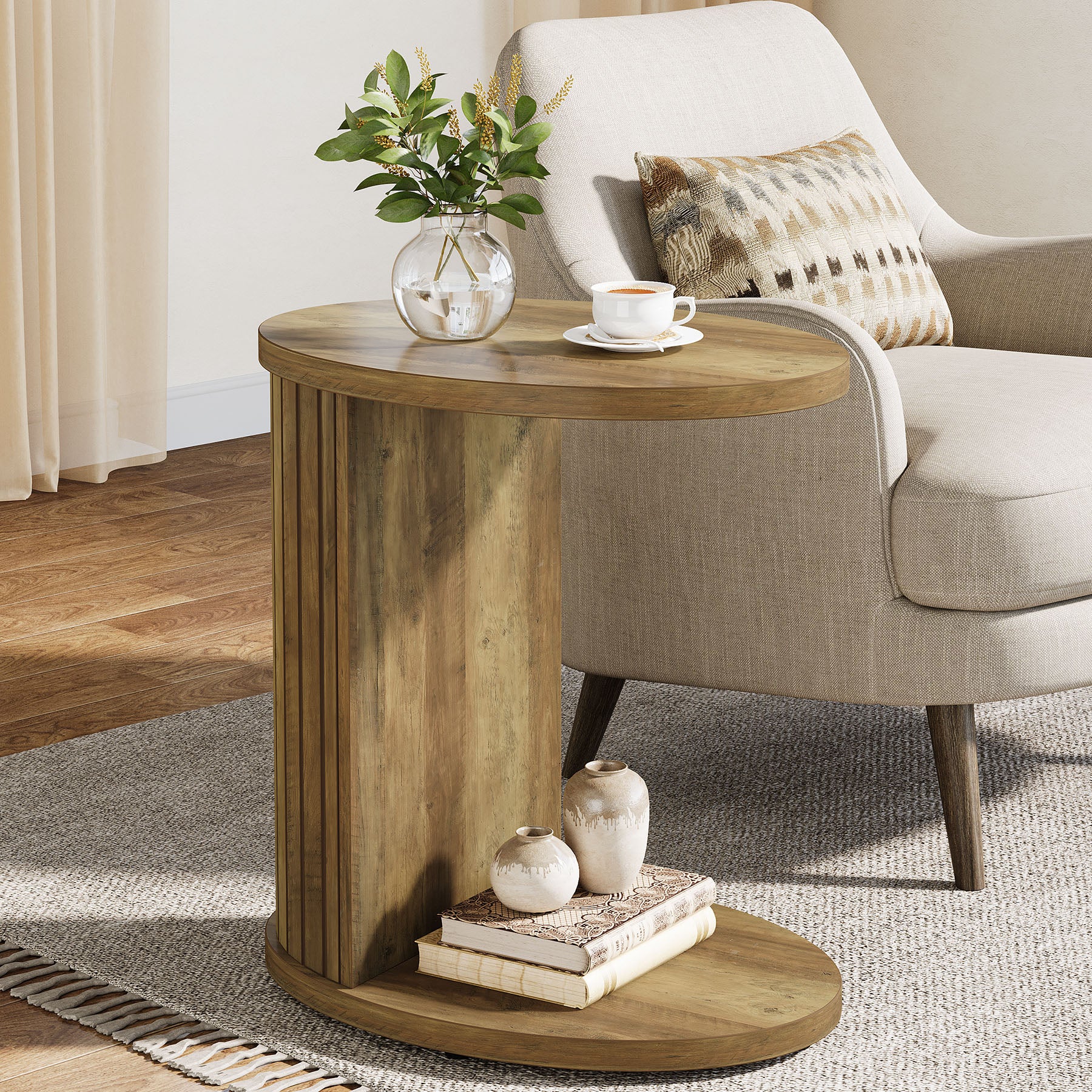 C-Shaped End Table, Fluted Sofa Side Table with Storage Shelf for Small Space