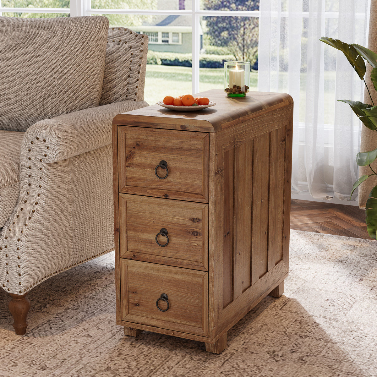Solid Wood End Table, Narrow Side Table Nightstand with 3 Drawers ...