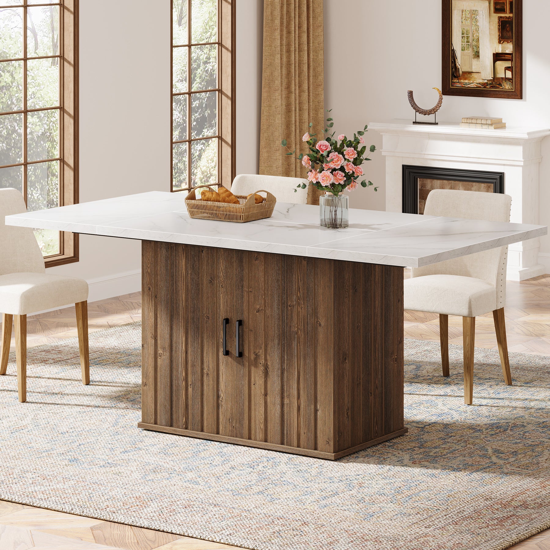 63" Dinning Table for 4-6, Rectangular Kitchen Table with Storage Cabinet