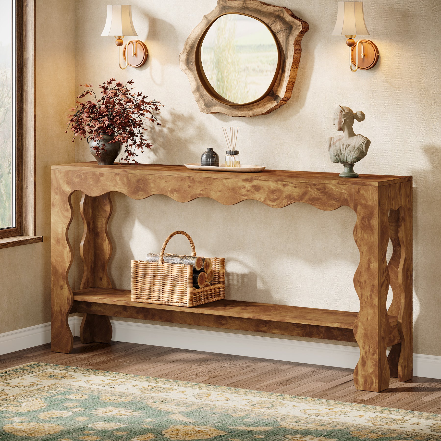 63" Console Table, 2-Tier Narrow Sofa Table with Storage and Scalloped Curves