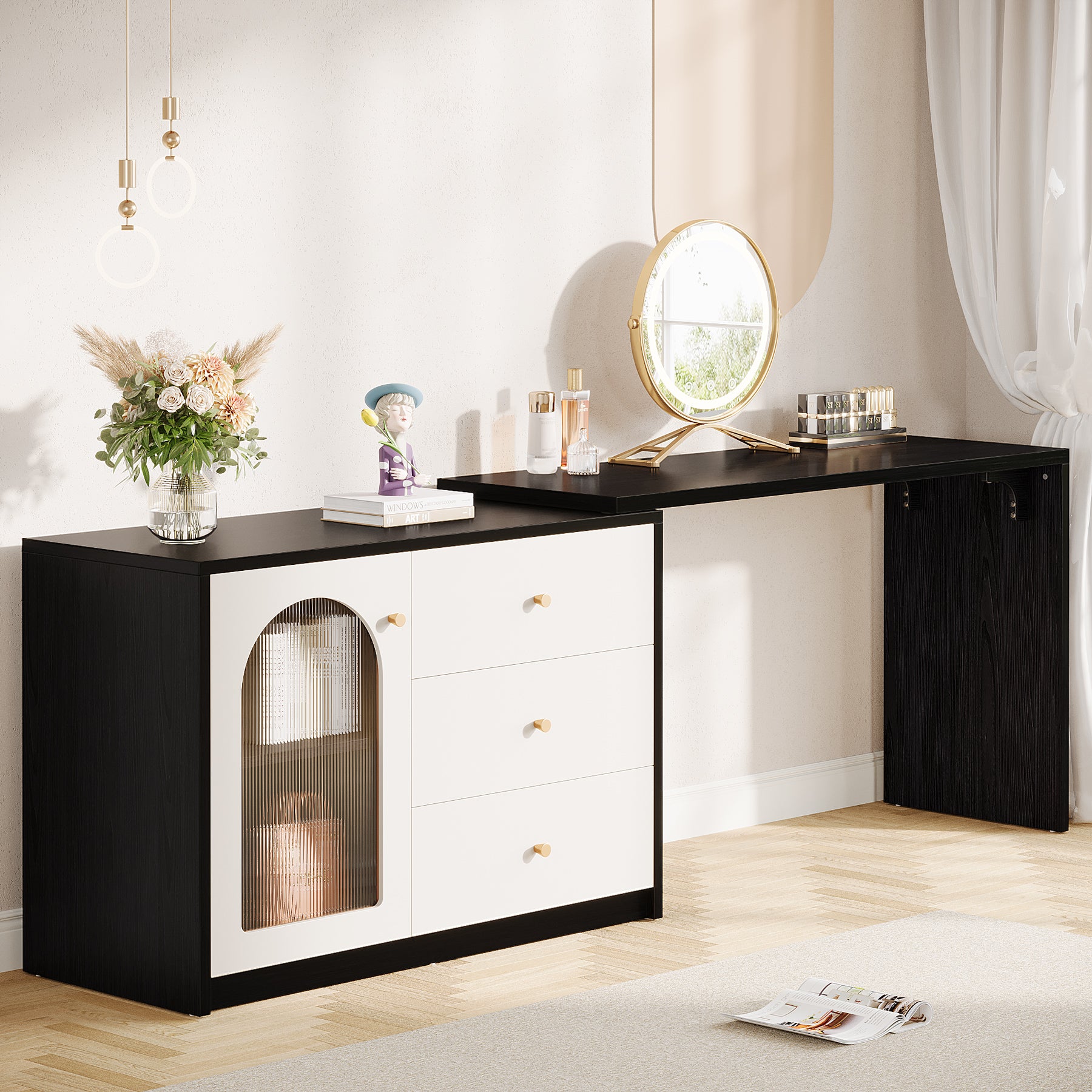 Modern Makeup Vanity, Dressing Table with 3 Drawers and Cabinet