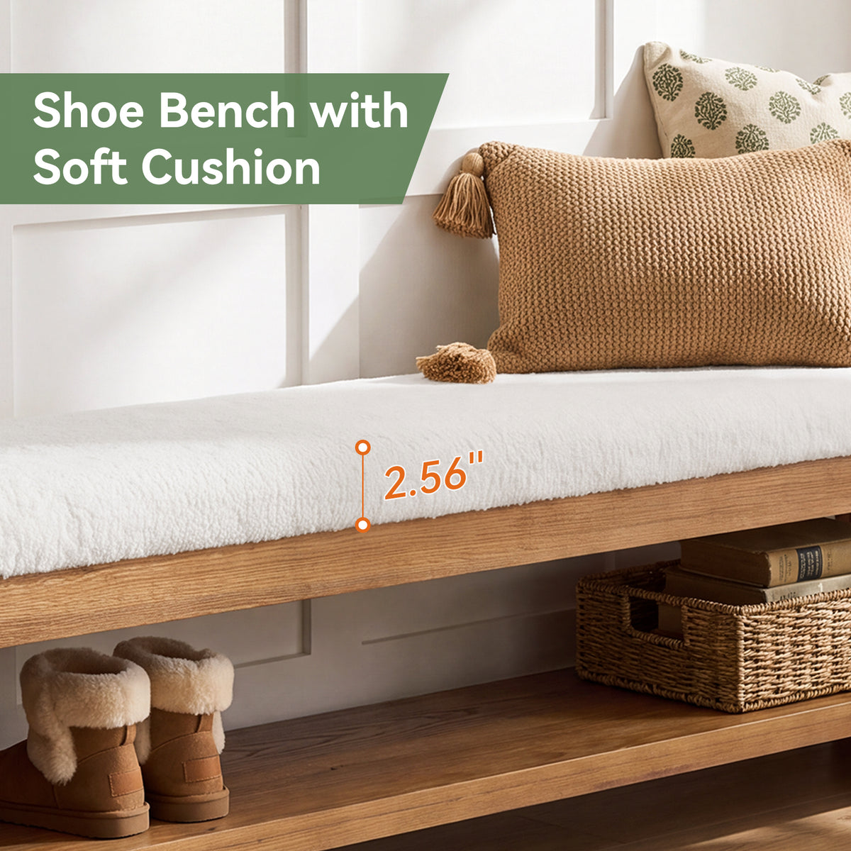 63" Solid Wood Entryway Bench with Cushion and Storage, Upholstered Shoe Bench for Hallway