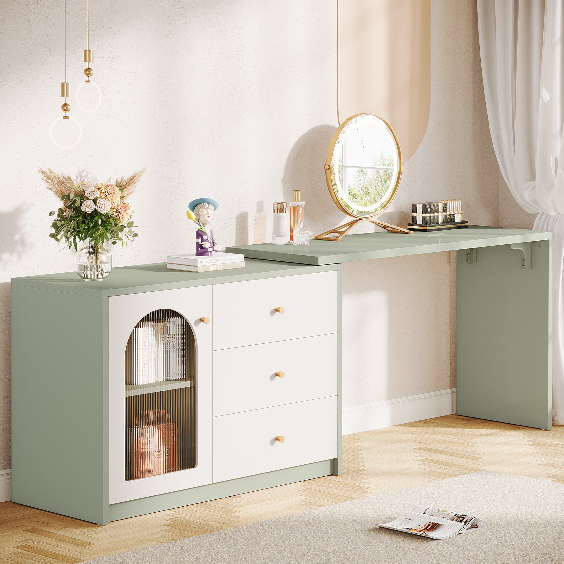 Modern Makeup Vanity, Dressing Table with 3 Drawers and Cabinet