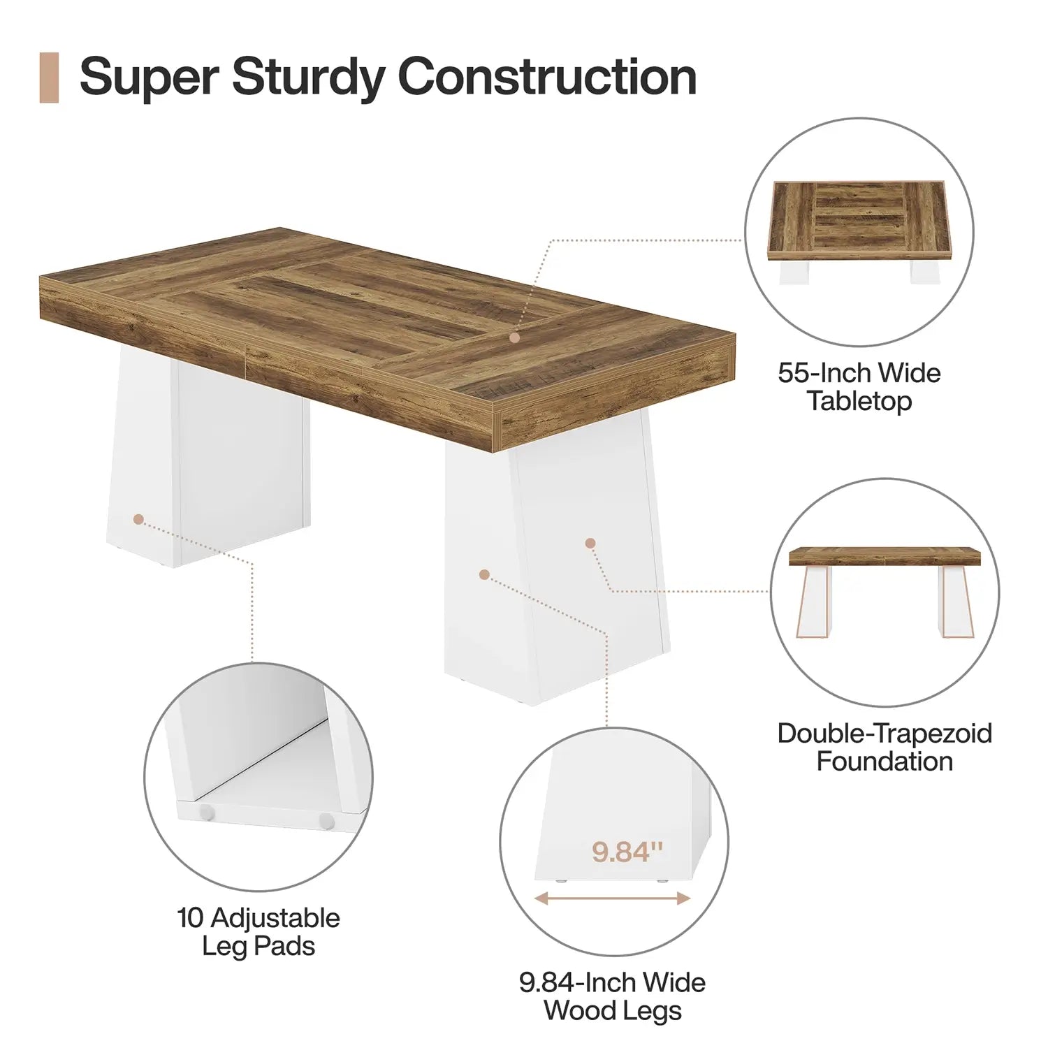 55" Executive Desk with Double Trapezoid Base, Modern Wooden Computer Desk for Home Office