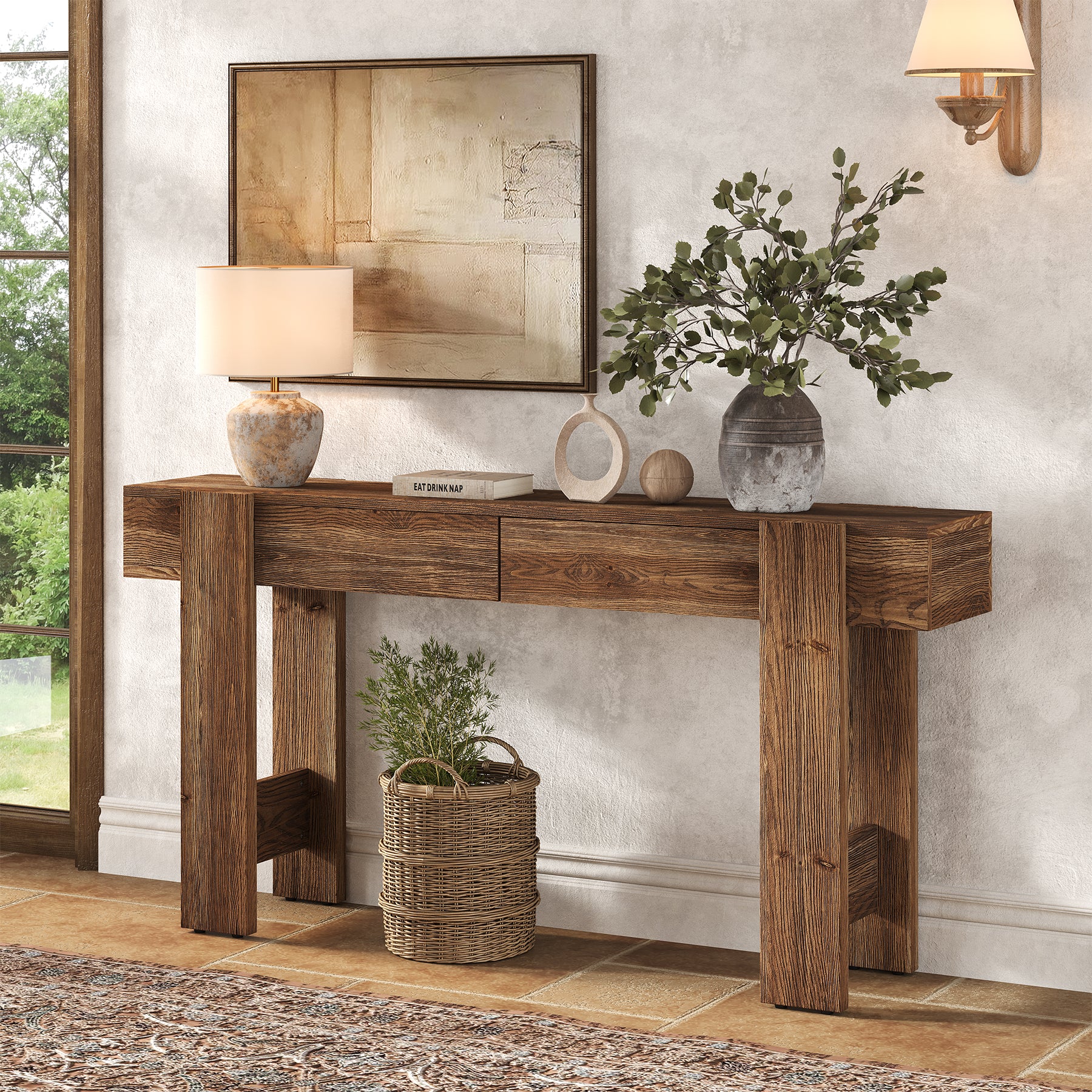 Solid Wood Console Table, 63" Long Entryway Table with 2 Drawers