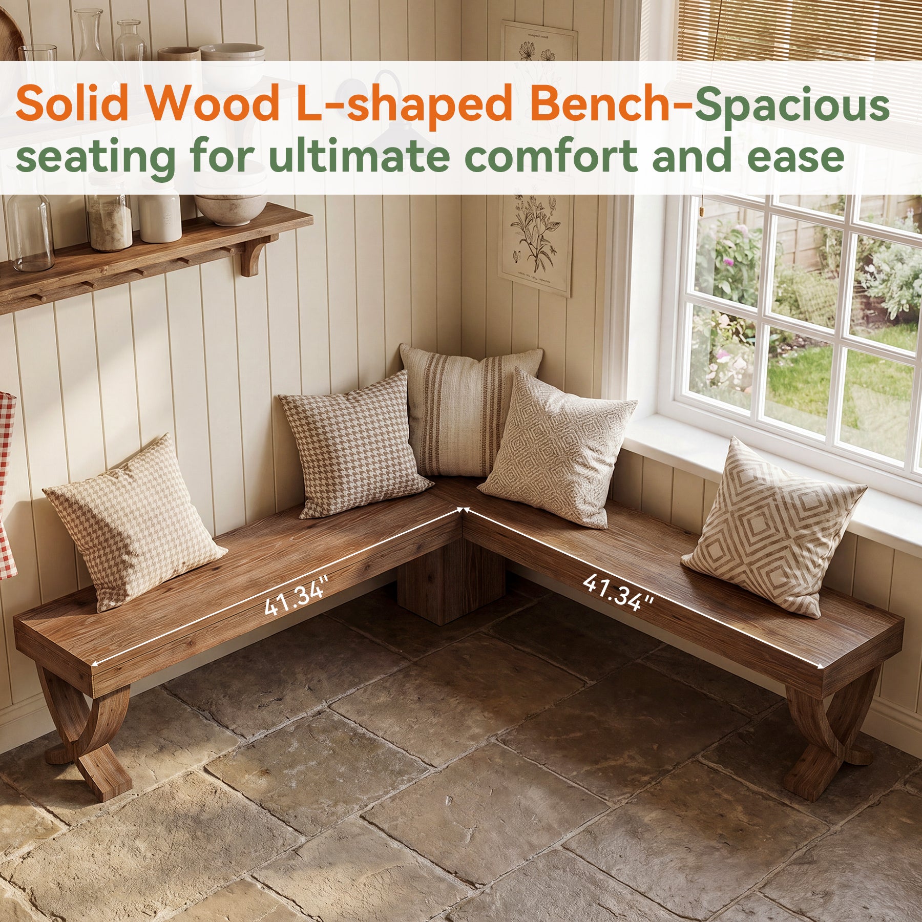 55" L-Shaped Corner Bench, Farmhouse Nook Dining Bench with X-Shaped Leg