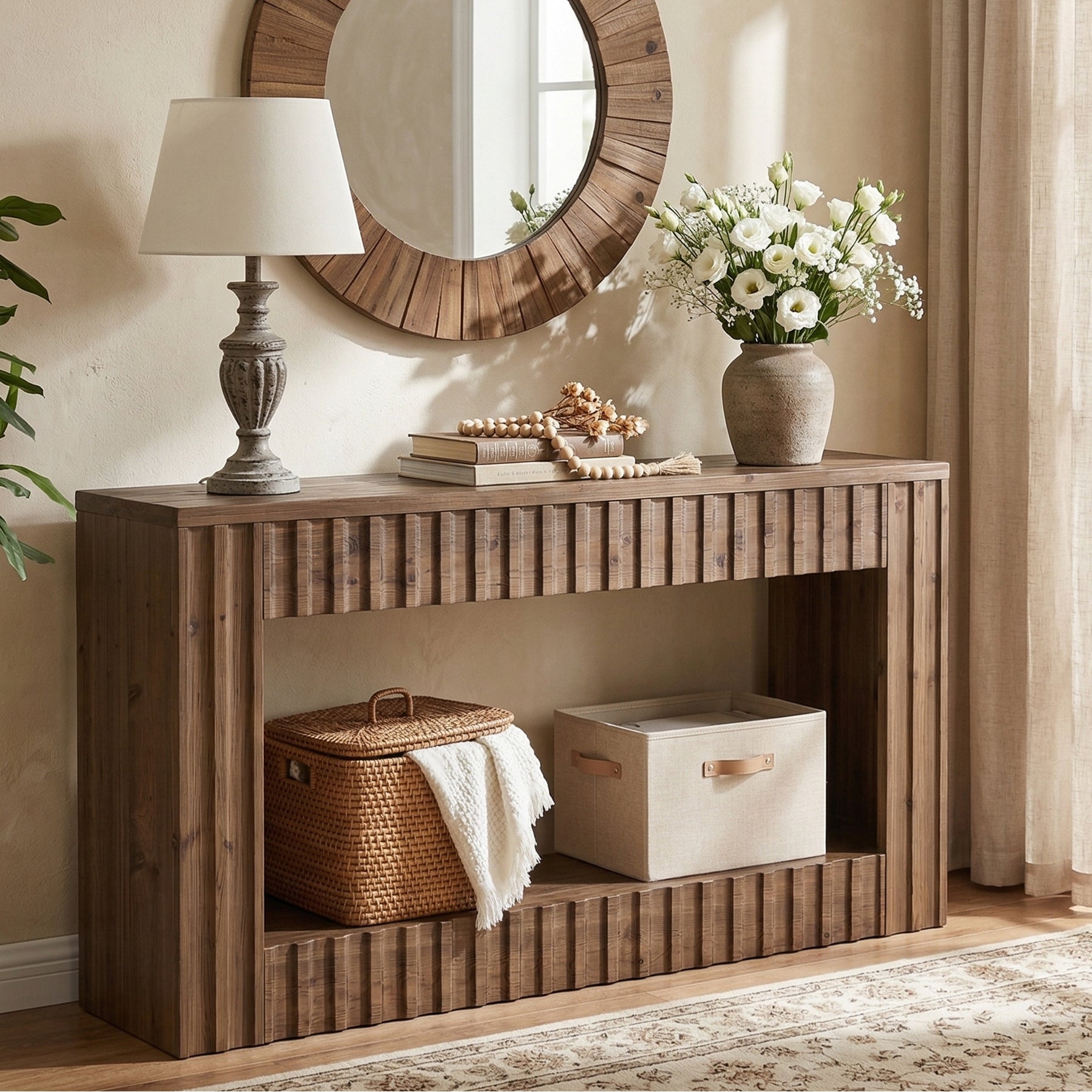 63" Solid Wood Sofa Table, Rustic Console Table with Open Shelf for Entryway, Hallway, or Behind Couch