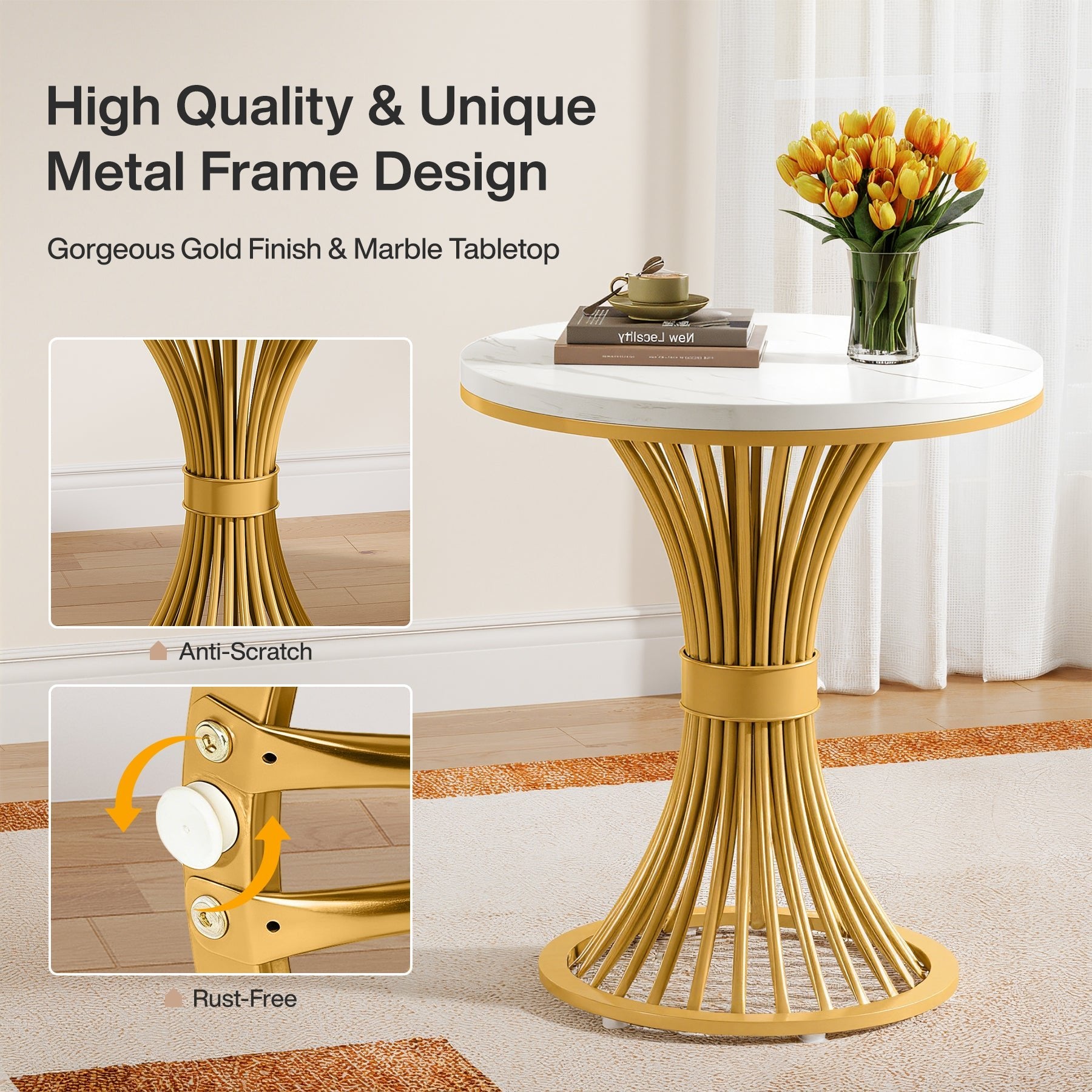 Tribesigns Set of 2 Round End Tables, Modern Faux Marble with Gold Base