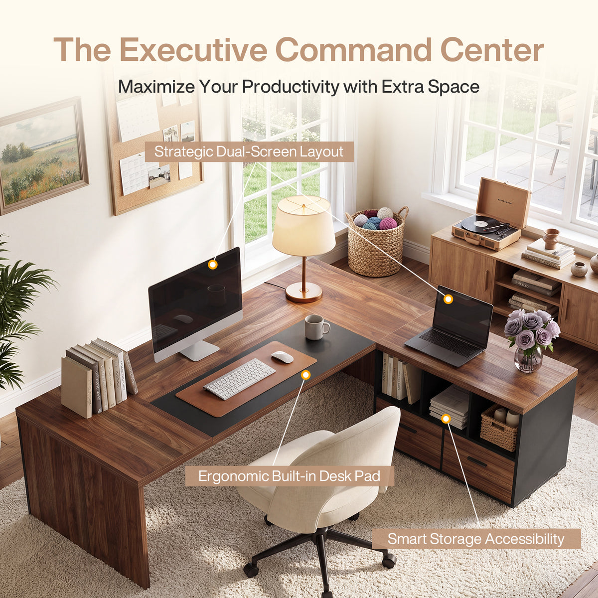L-Shaped Executive Desk, 71" Reversible Computer Desk with Mobile File Cabinet & Shelves