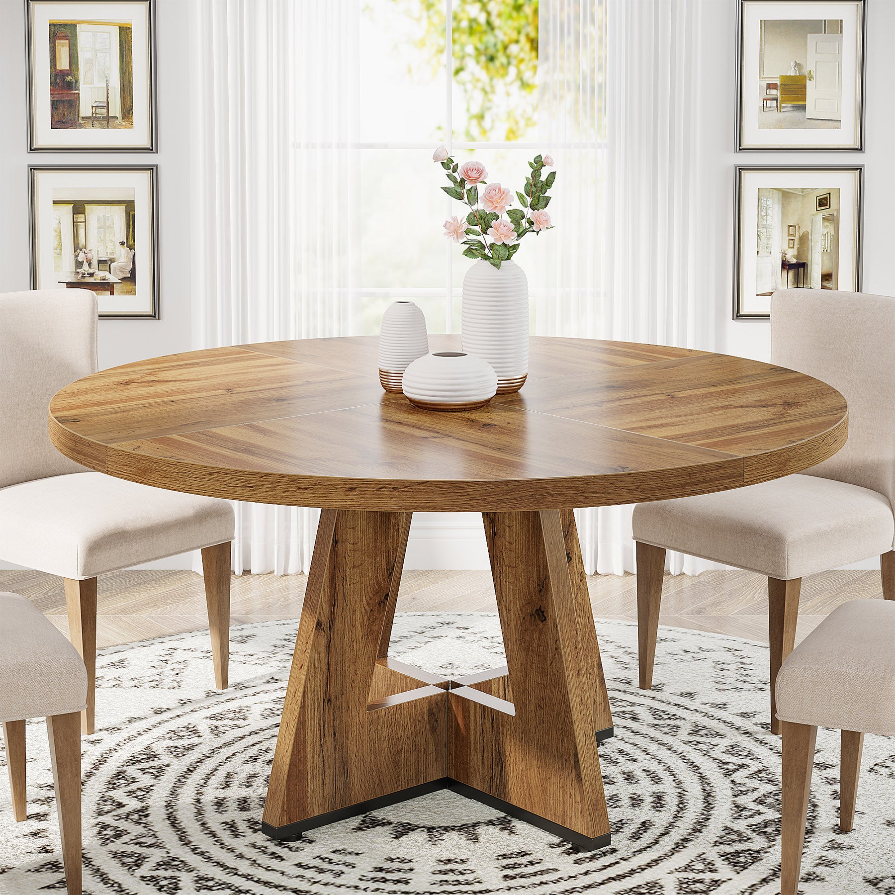 47" Round Farmhouse Dining Table for 4 People, Rustic Dining Room Table