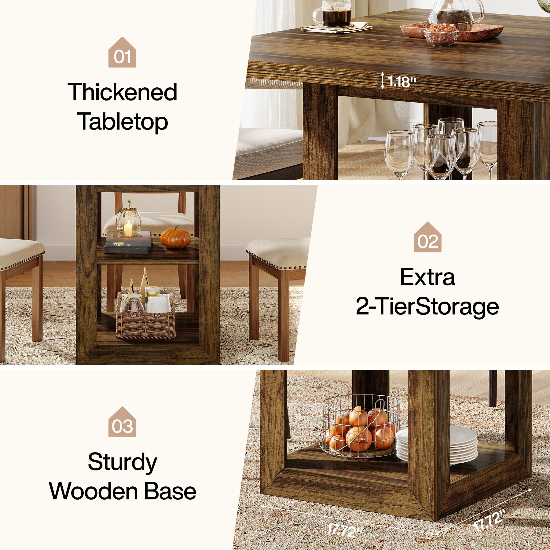 31.1" Square Dining Table for 4, Farmhouse Kitchen Table with 2-Tier Storage Shelf