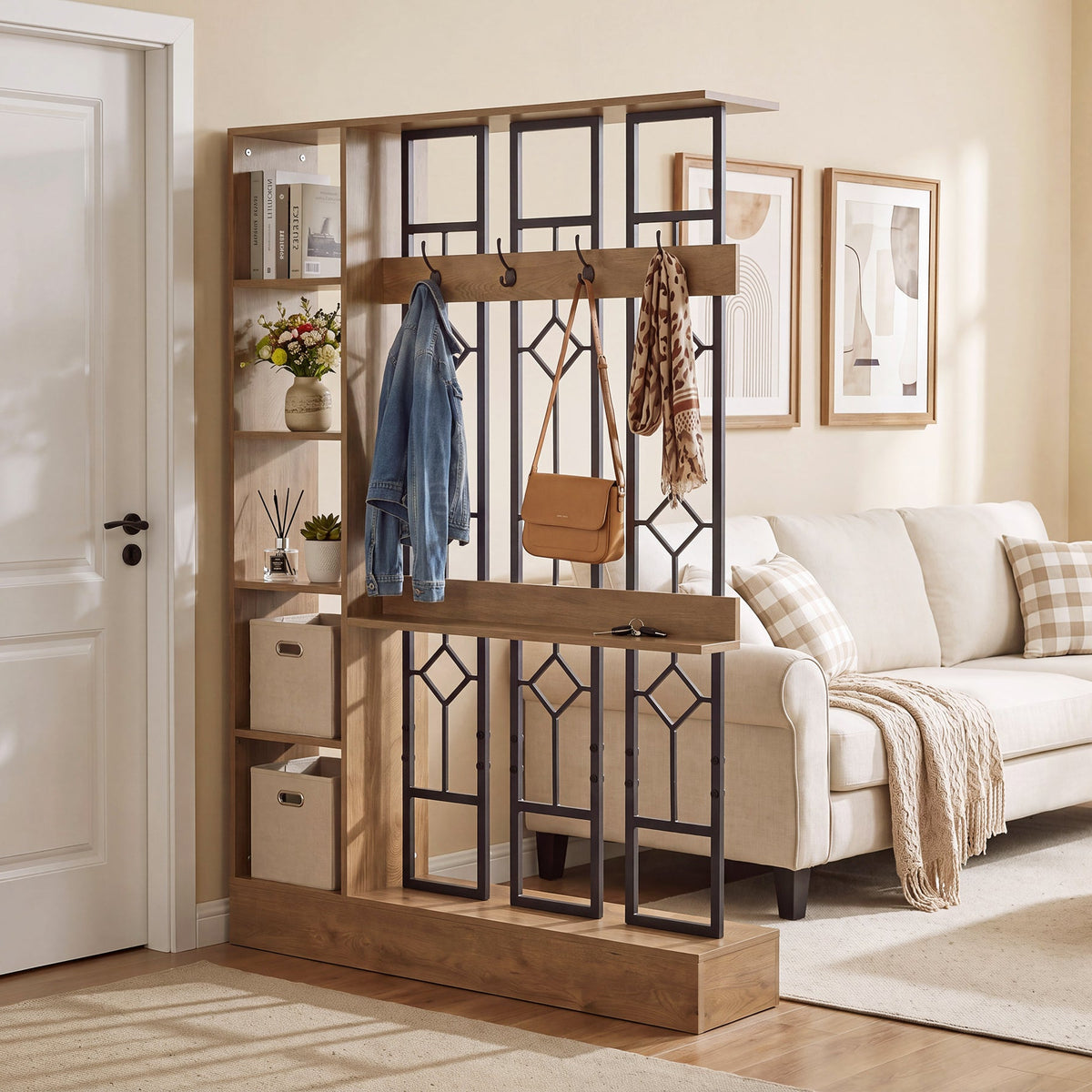 71" Wall Room Divider with Storage Shelves & Coat Hooks, Freestanding Wall Partition for Entryway