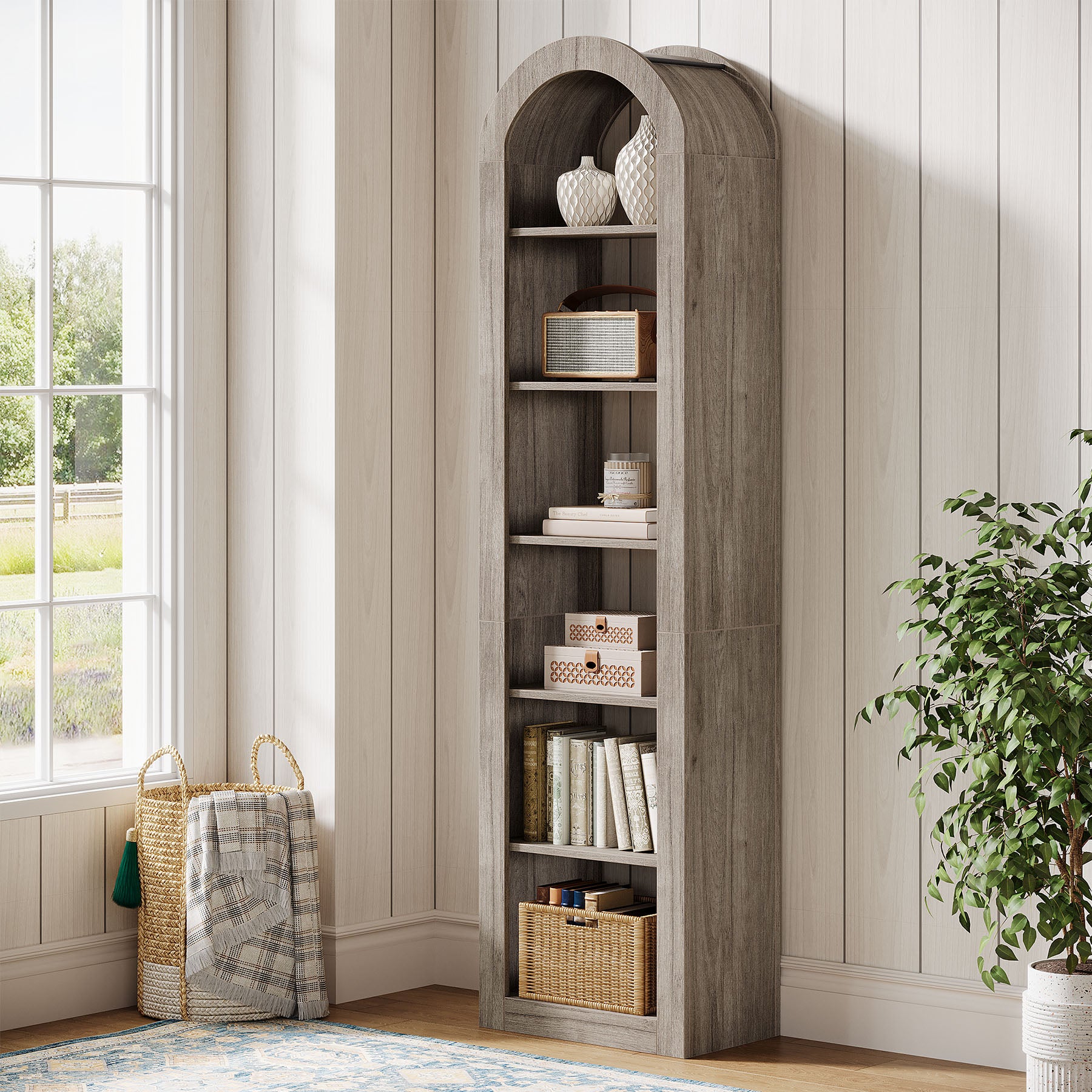 74.8" Arched Bookshelf, 6-Tier Narrow Open Bookcase Display Shelf
