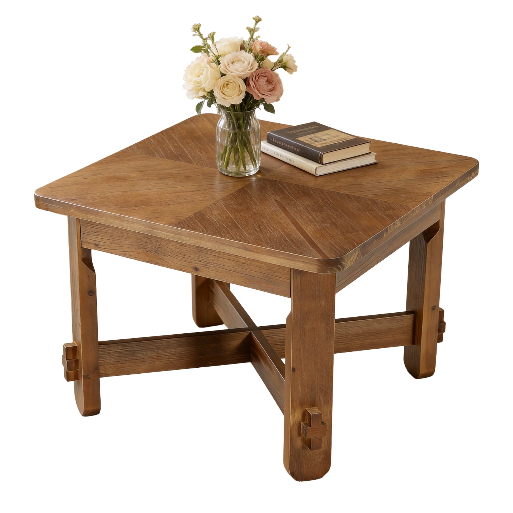 31.5 Inch Solid Wood Square Coffee Table, Farmhouse Center Table with Cross Base