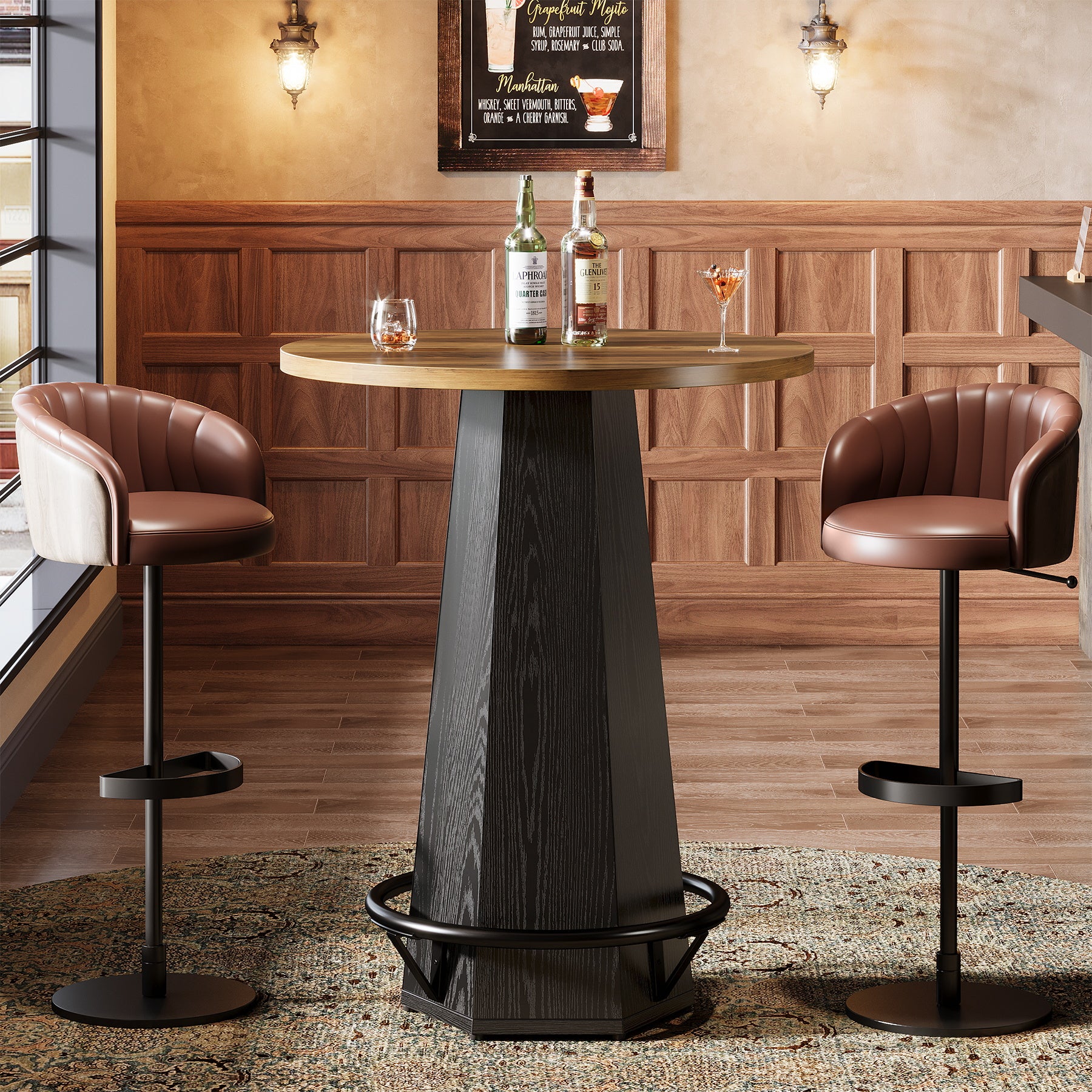 Round Bar Table, 39.4" H Bistro Pub Cocktail Table with Metal Footrest