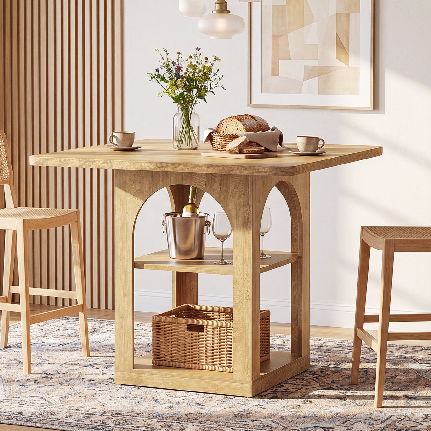 47.2" Square Bar Table, Farmhouse Counter Height Pub Table with Storage Shelves