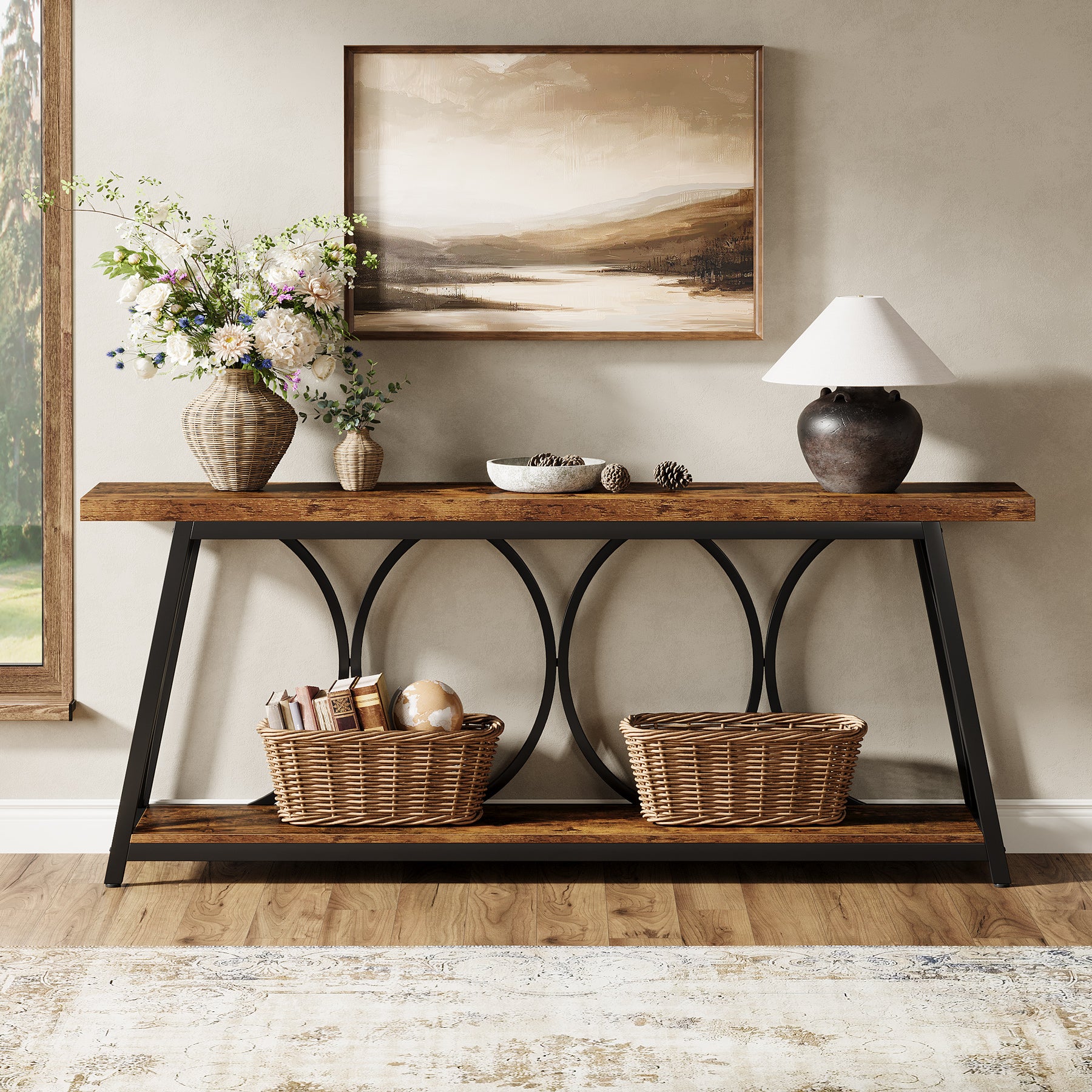 70.9" 2-Tier Industrial Console Table, Sofa Table with Shelves for Living Room or Entryway