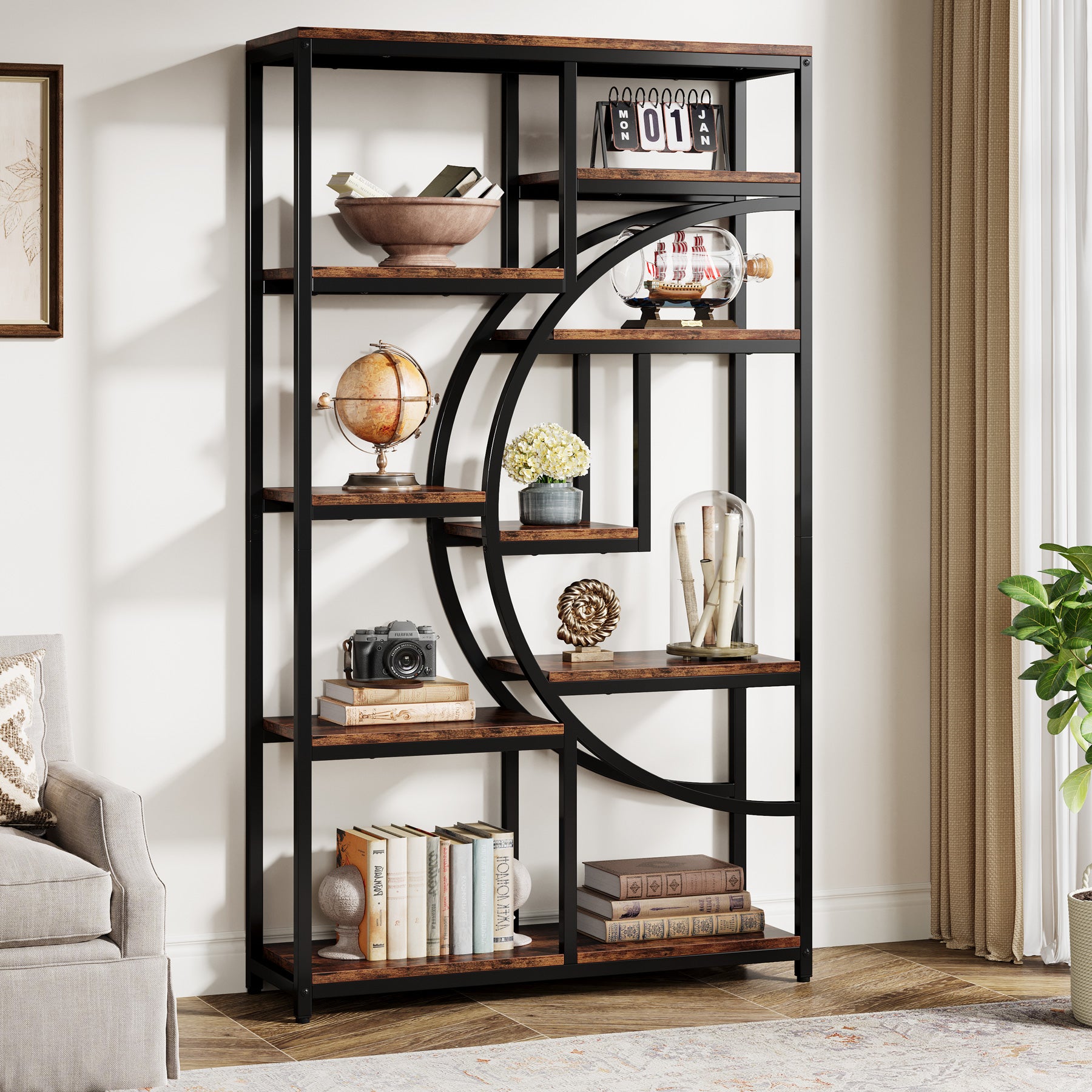5-Tier Etagere Bookshelf, 68.9" Bookcase with 9 Open Shelves