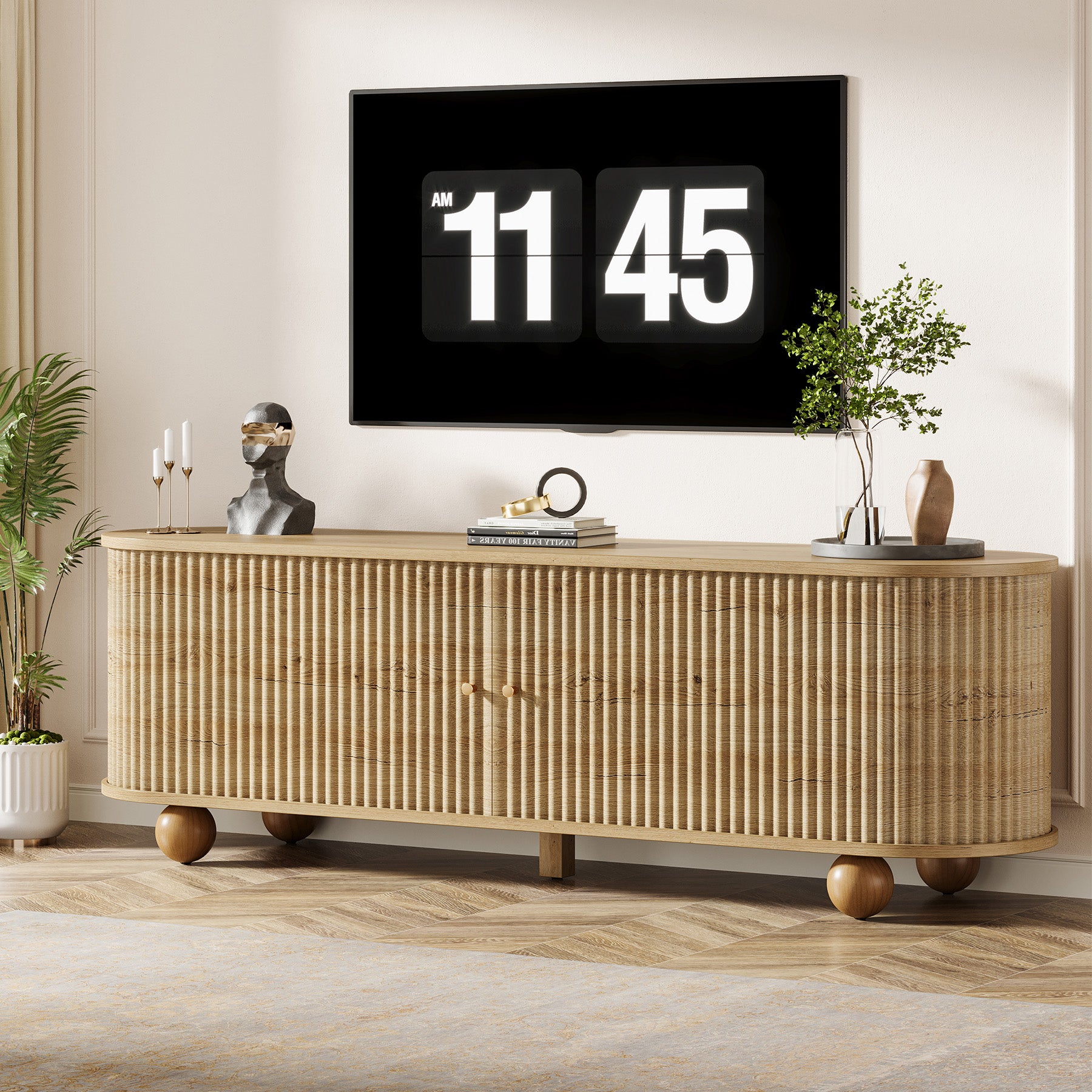 70" TV Stand, Farmhouse Media Console with Shelves and Sliding Doors