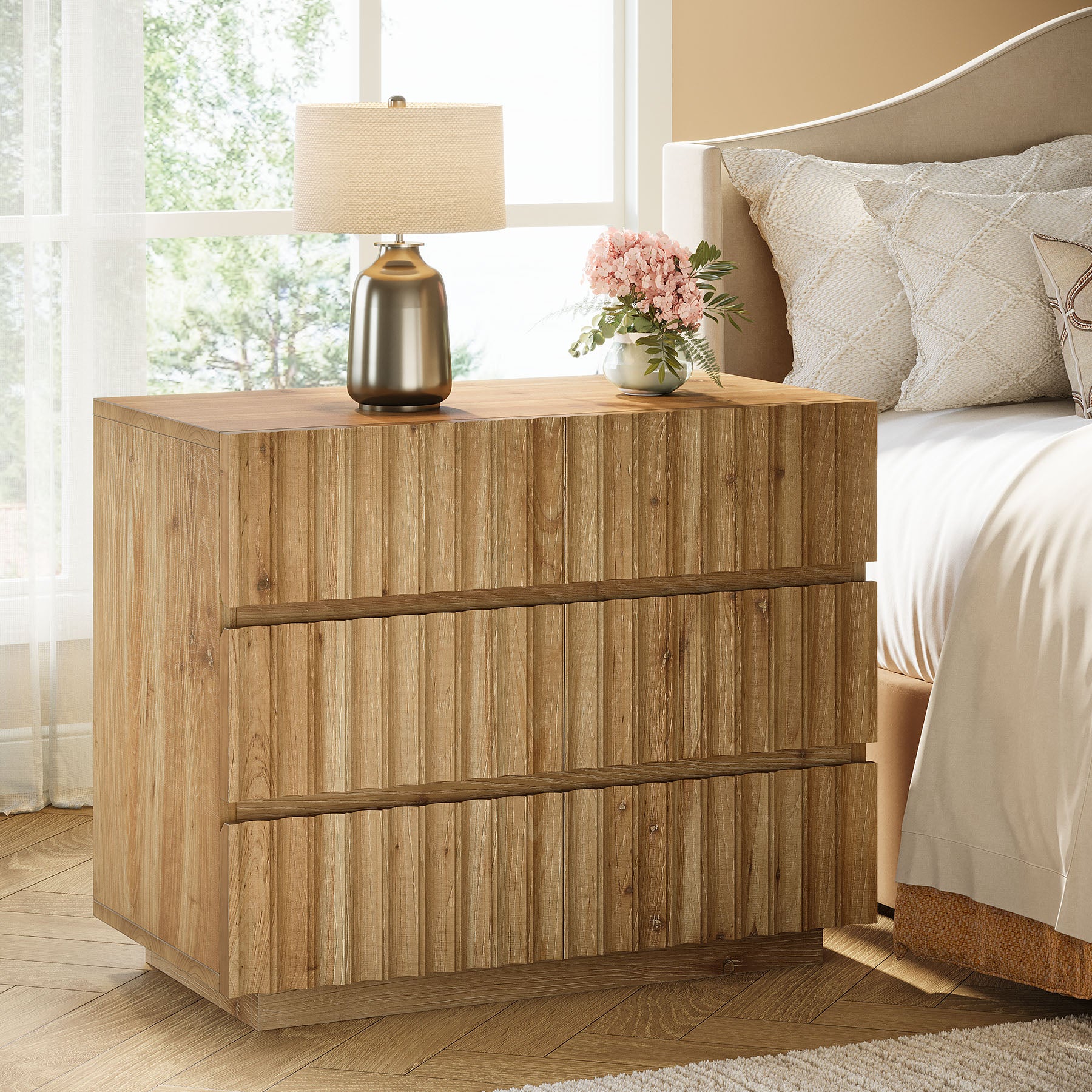 Oversized Solid Wood Nightstand, 31.5" Bedside Table with 3 Drawers