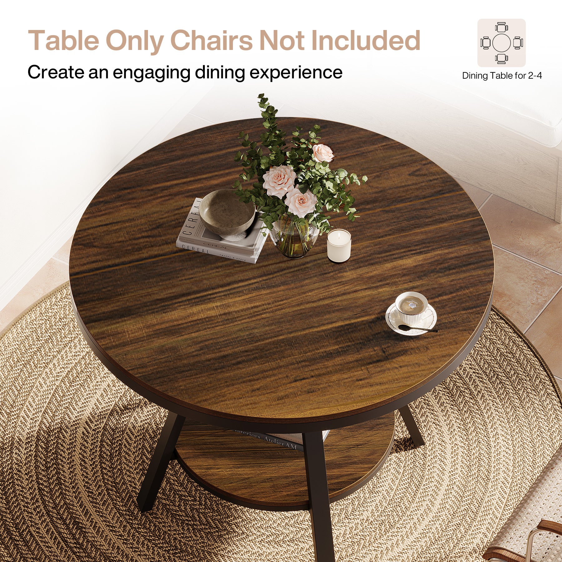 35" Round Dining Table for 2-4 People, 2-Tier Industrial Small Kitchen Dinner