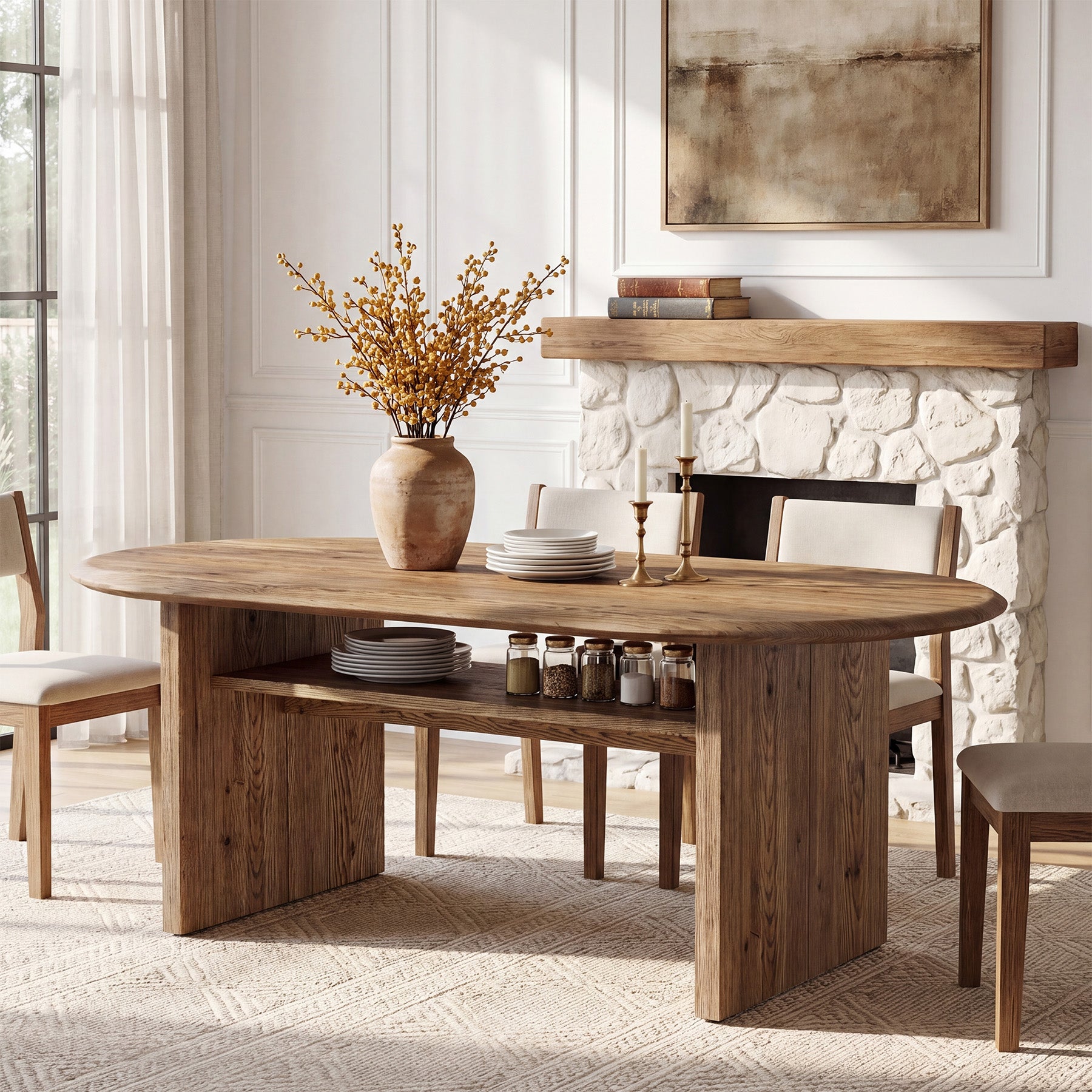 63" Solid Wood Dining Table for 6, Oval Kitchen Table with Storage for Dining Room