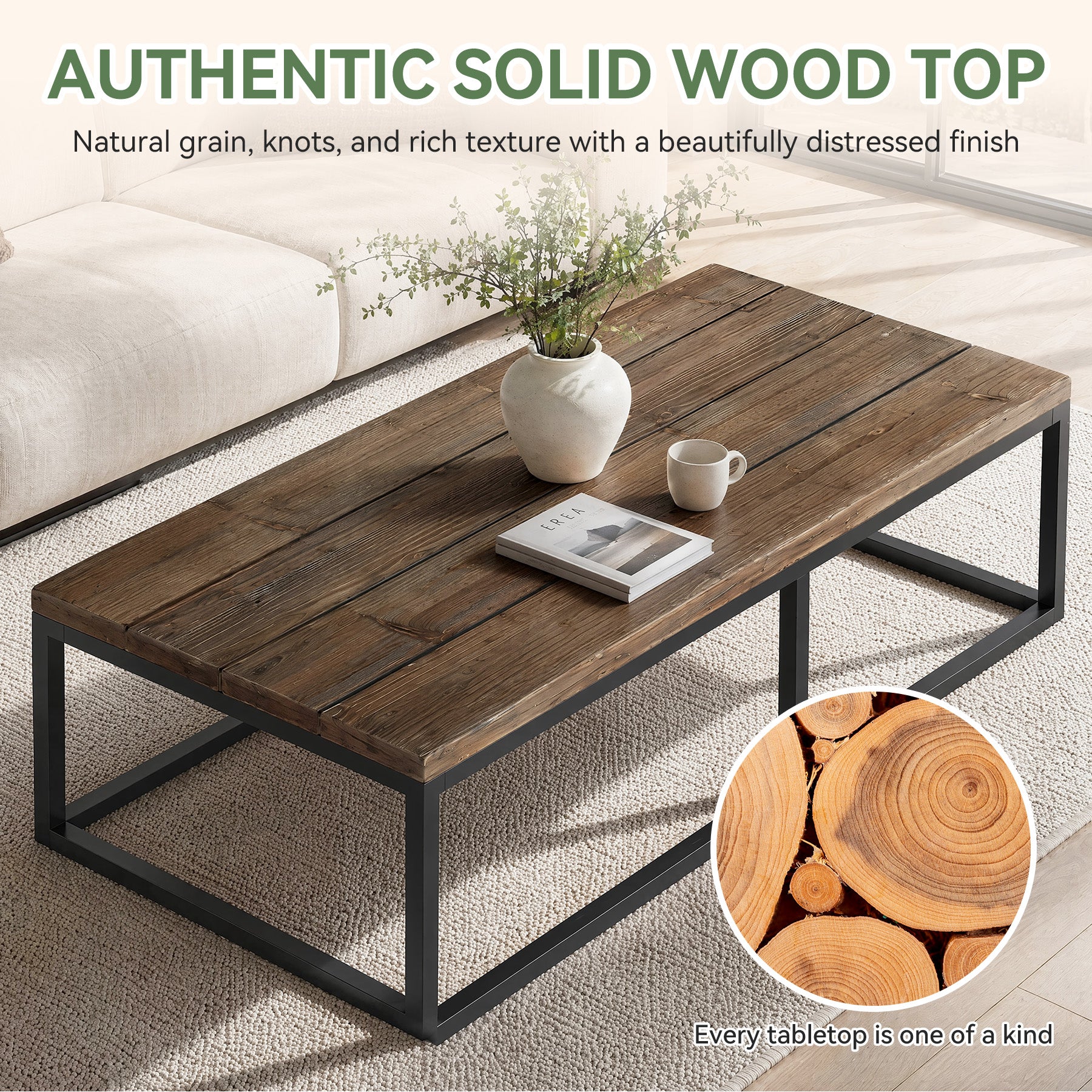 55" Solid Wood Coffee Table, Rectangular Center Table with Steel Frame for Living Room