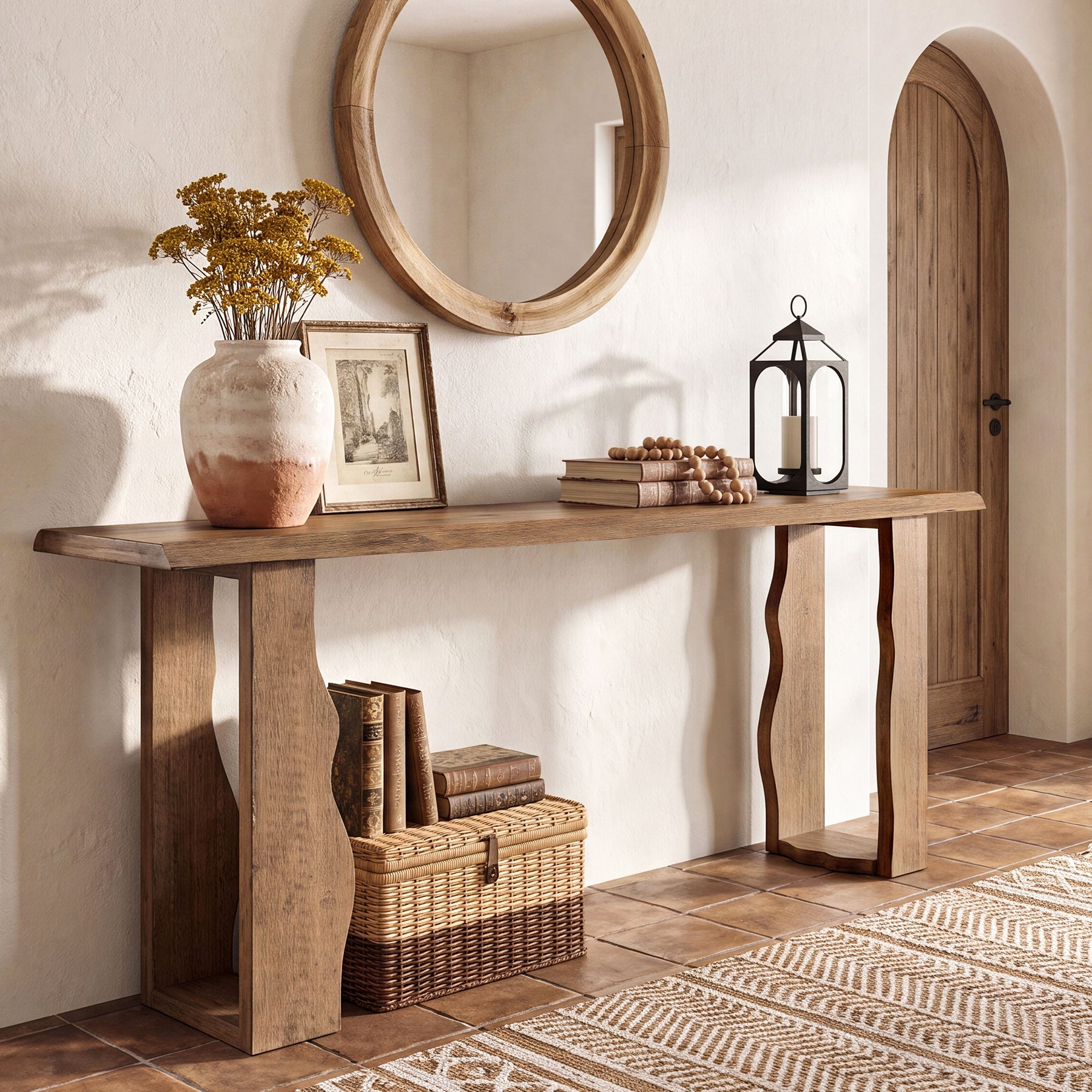 70.9" Solid Wood Console Table, Live Edge Entryway Sofa Table with Wavy Legs
