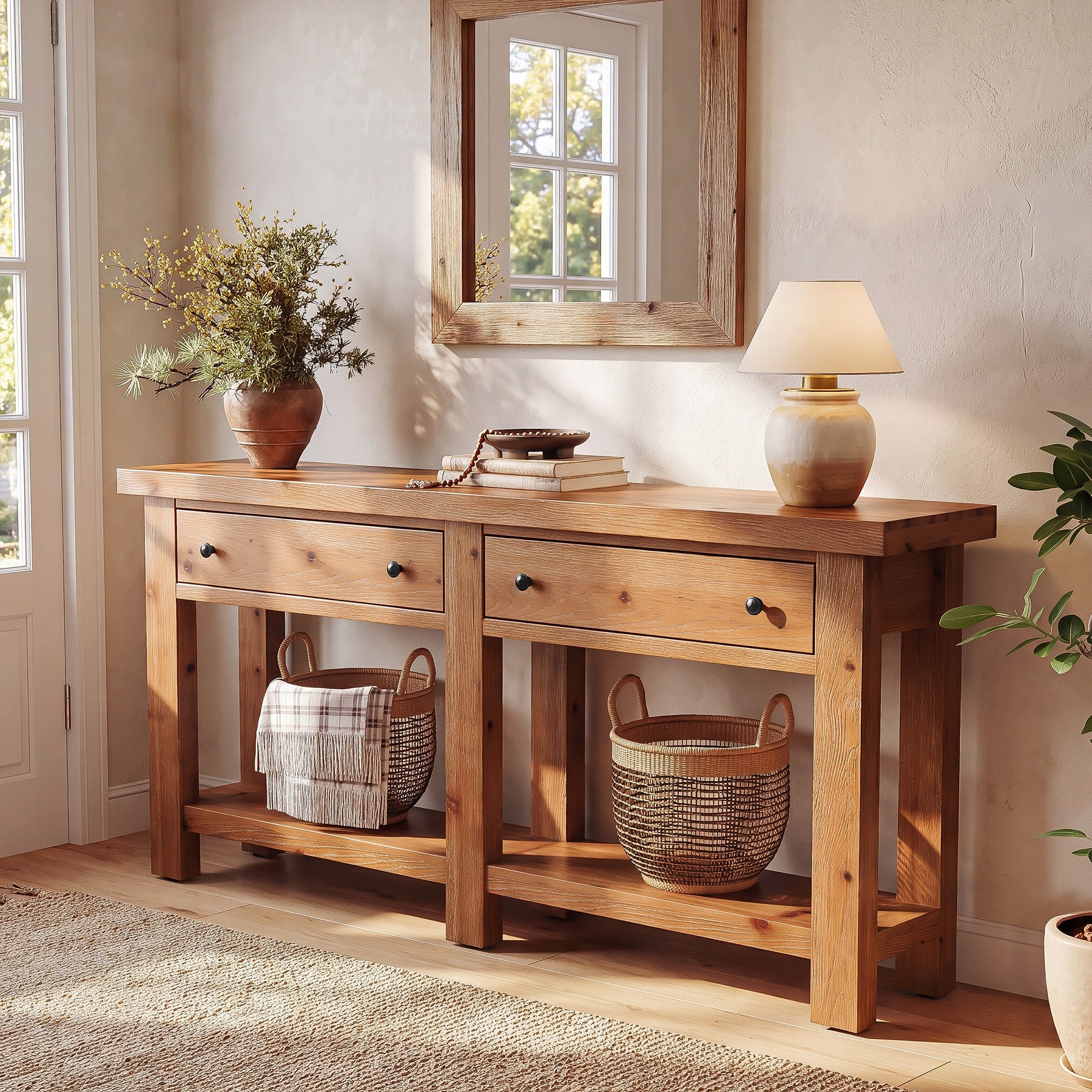 63" Console Table, Solid Wood Sofa Tables Behind Couch with 2 Drawers for Entryway
