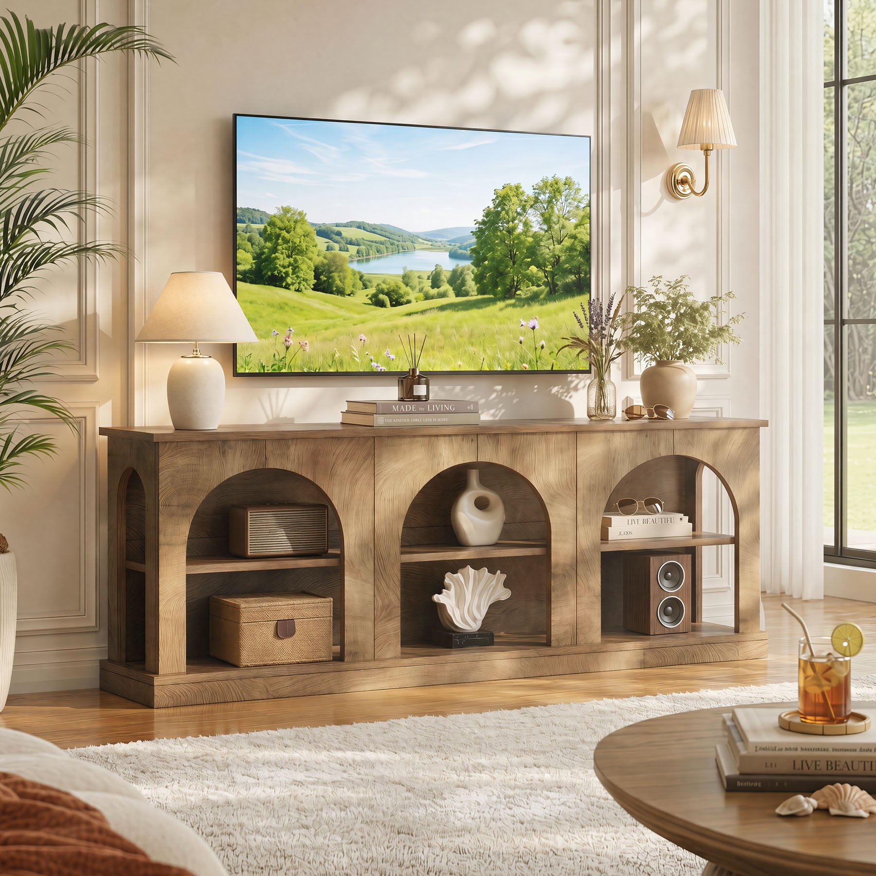 63" Farmhouse Entertainment Center, TV Stand with Storage Cabinets for 70 Inch TV