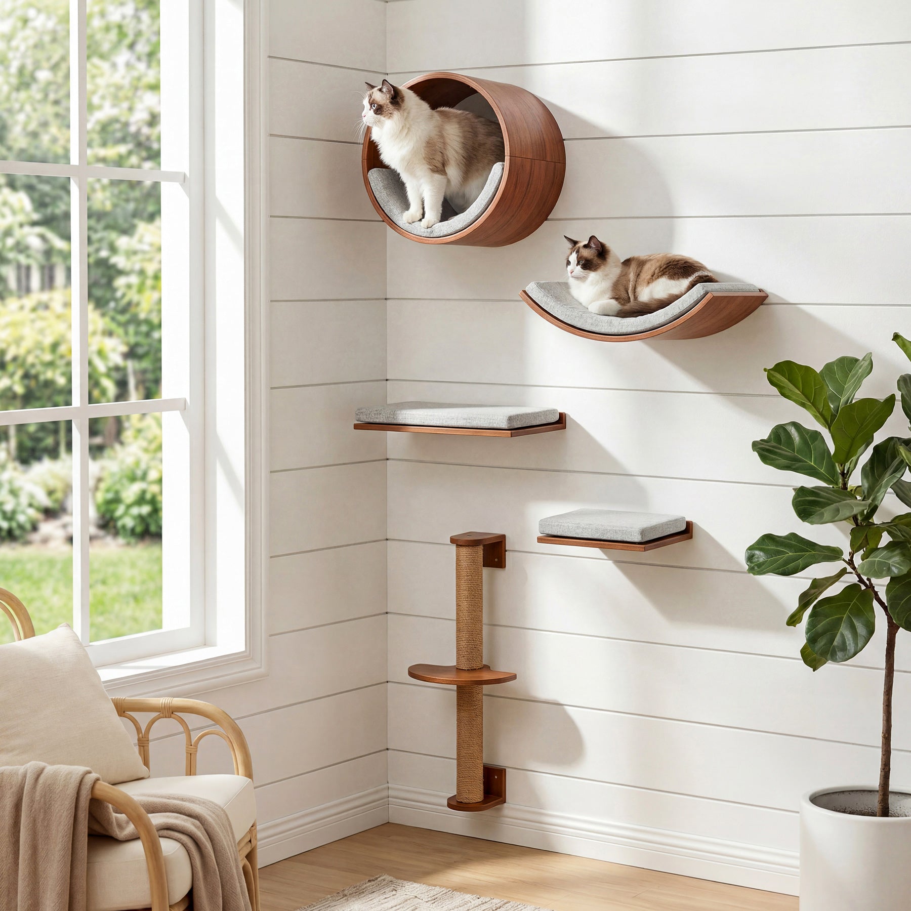 Solid Wood Cat Wall Shelves Set, 5-in-1 Cat Wall Furniture Cat Perches Set for Living Room