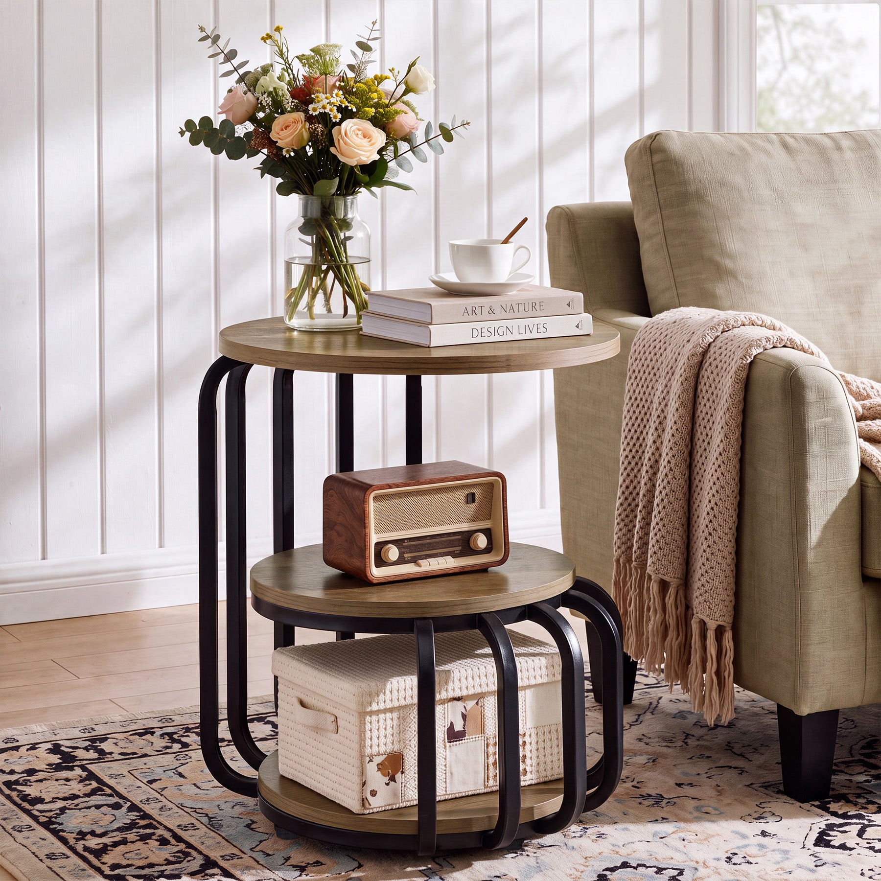 19.69" Round End Table, Industrial Side Table with 3-Tier Storage Shelves & Metal Frame