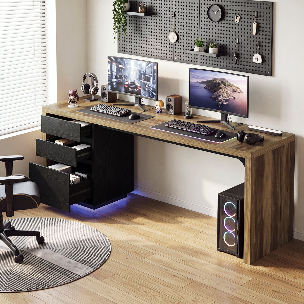 79" Modern Executive Desk with 3 Drawers & RGB Lights, Double Computer Desk