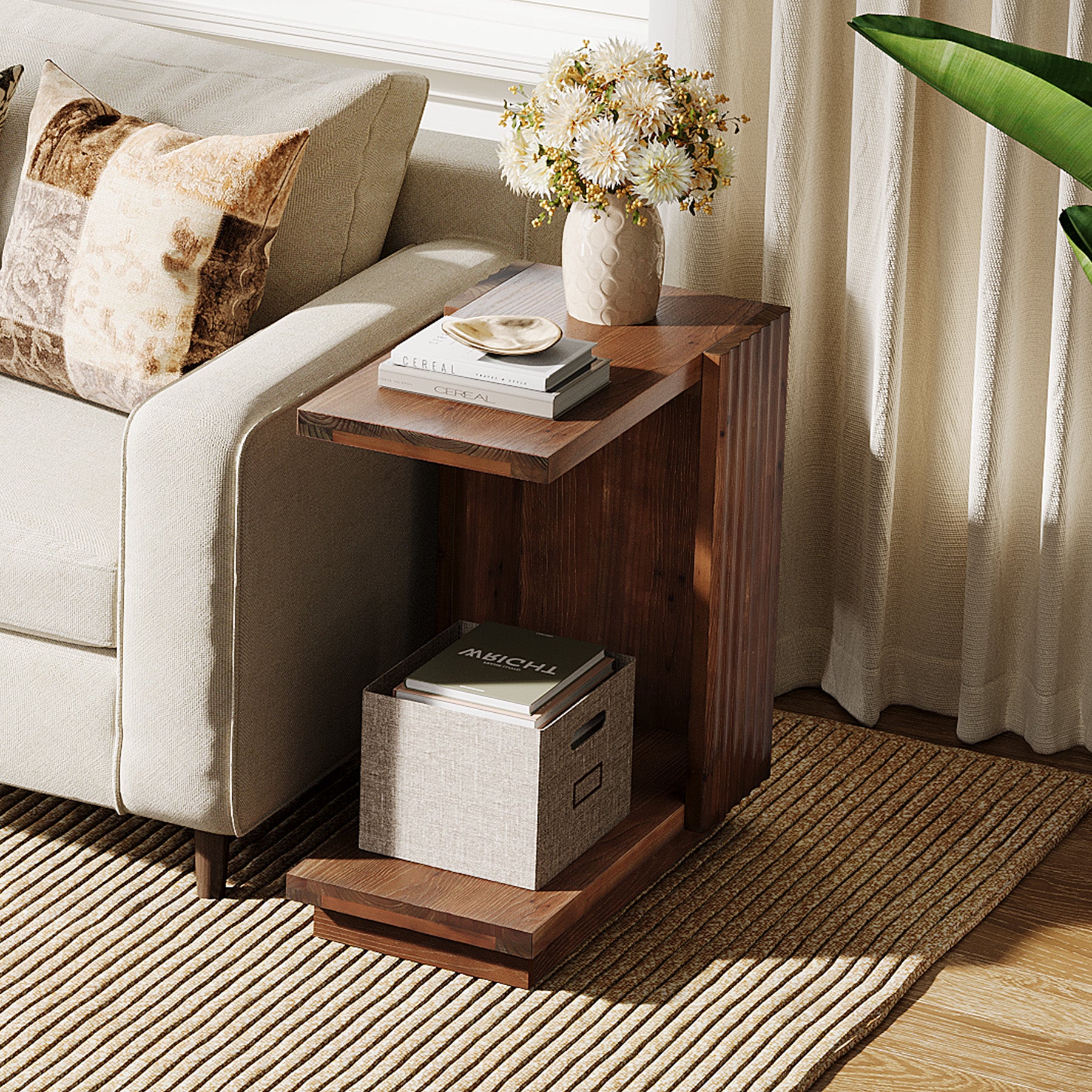 C-Shaped Wood Side Table with Fluted Panels
