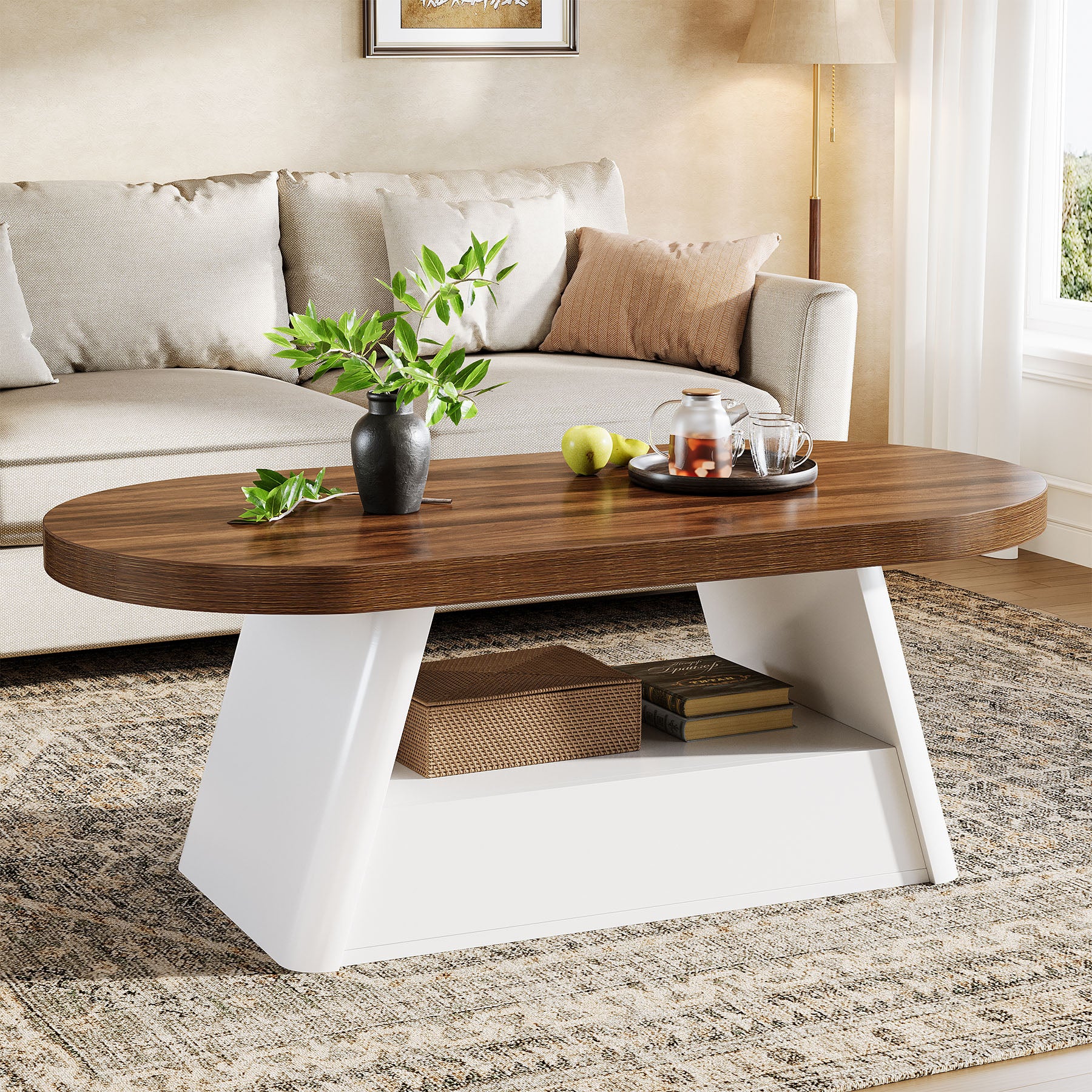 47" Oval Coffee Table, Modern Center Tea Table with 2-Tier Storage