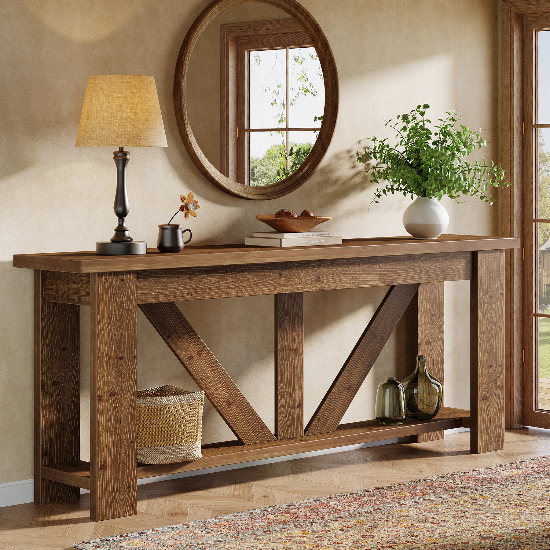 70.9" Solid Wood Console Table, 2-Tier Sofa Table Behind Couch with Storage