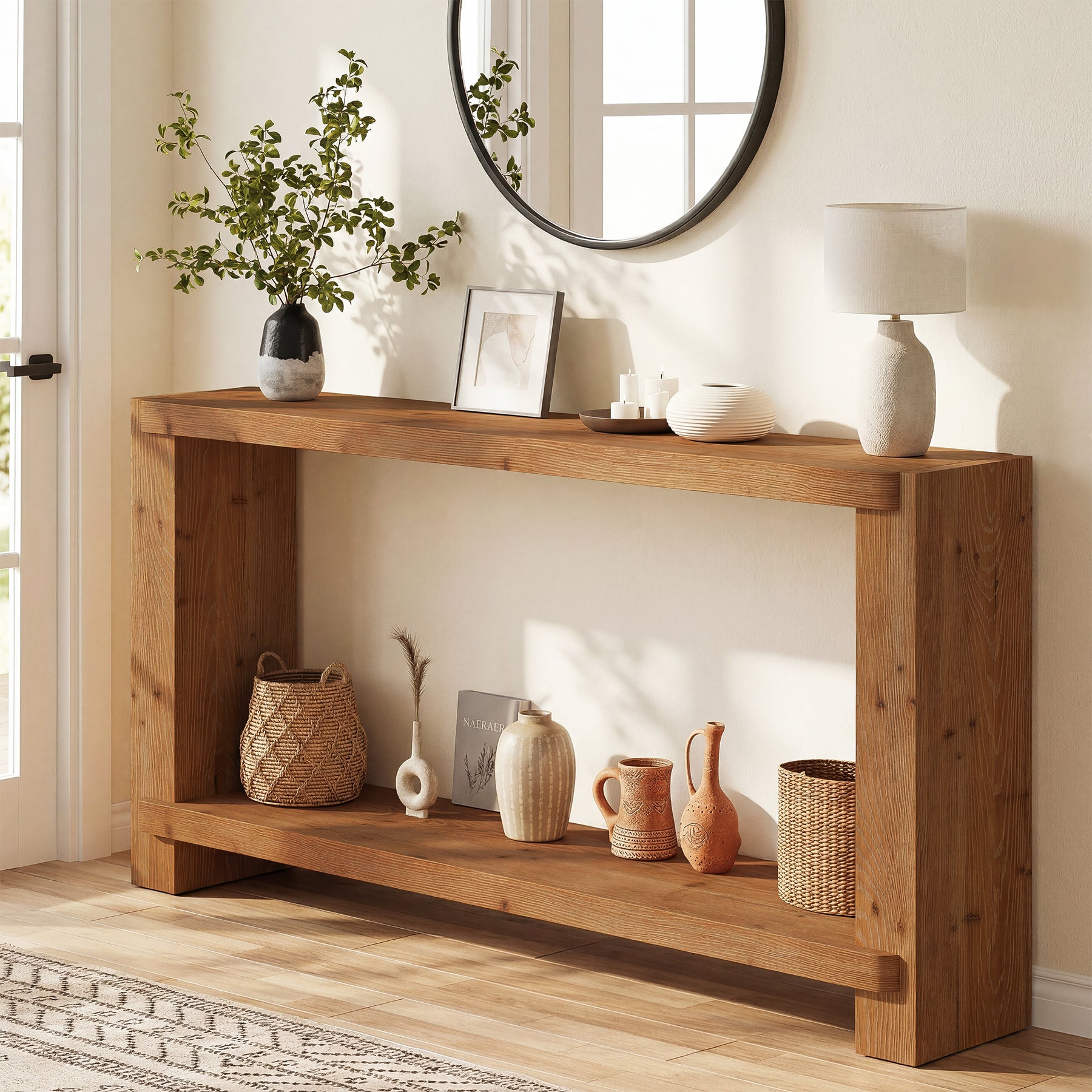 57" Solid Wood Console Table, Narrow Entryway Sofa Table with Shelf for Hallway