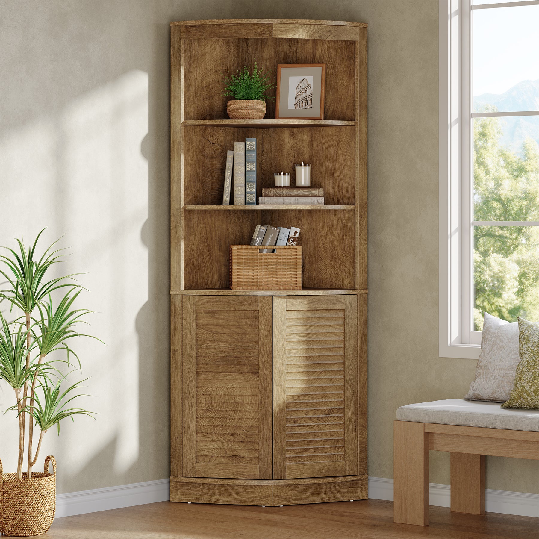 66.9" Corner Storage Cabinet, 5-Tier Corner Shelf with Fluted Doors & Open Shelves