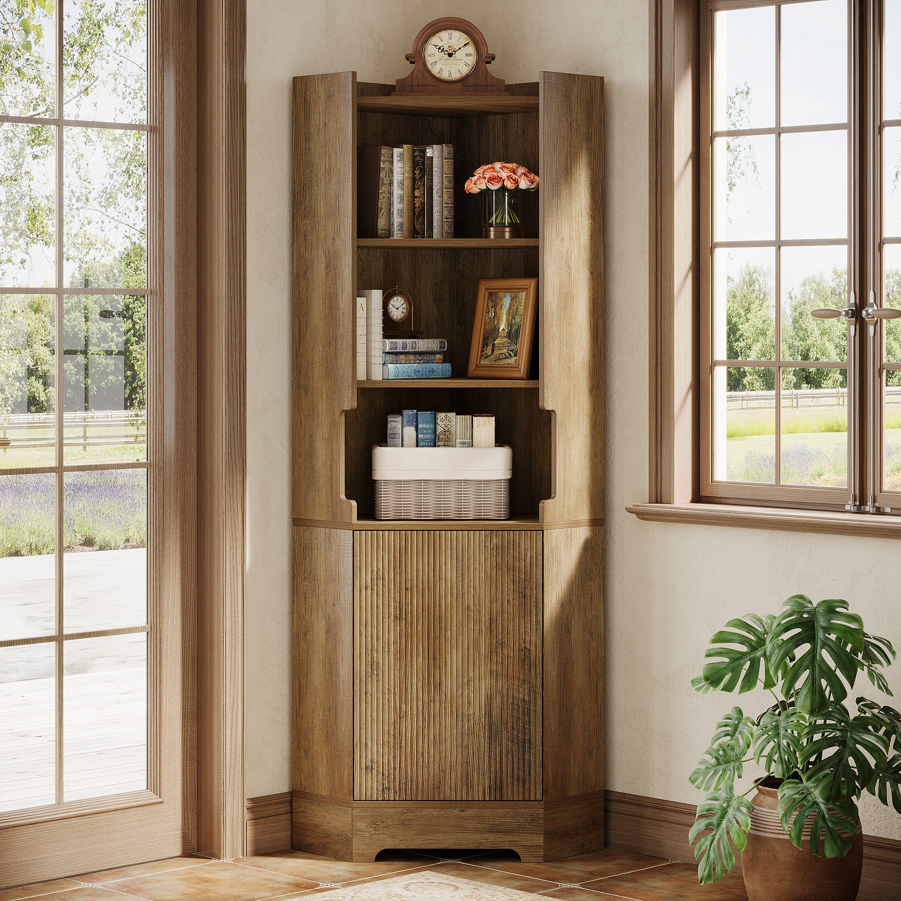 69" Corner Bookcase, Farmhouse Book Shelf with Cabinet