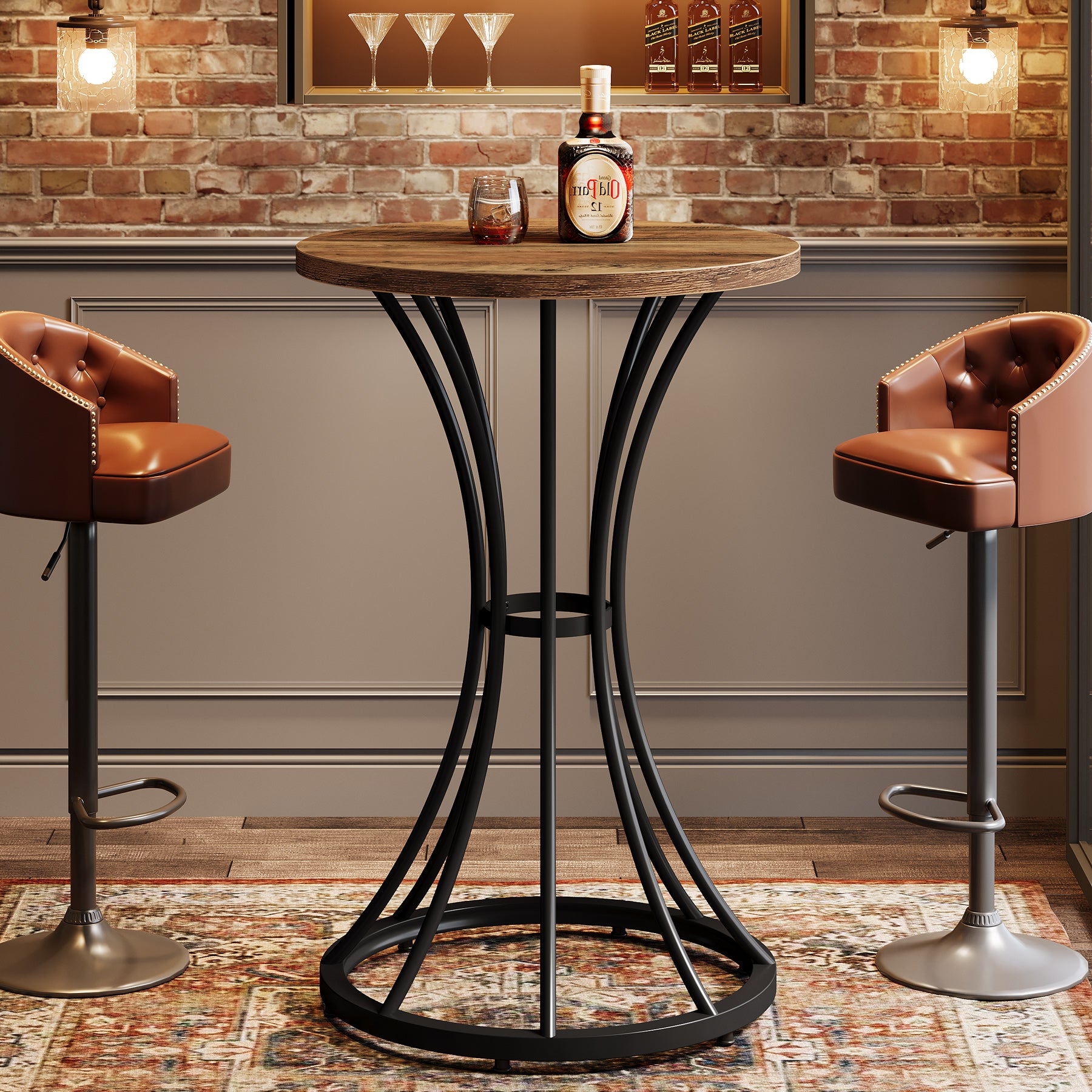 Round Bar Table for 2, 37.4" H Cocktail Table with Curved Metal Base