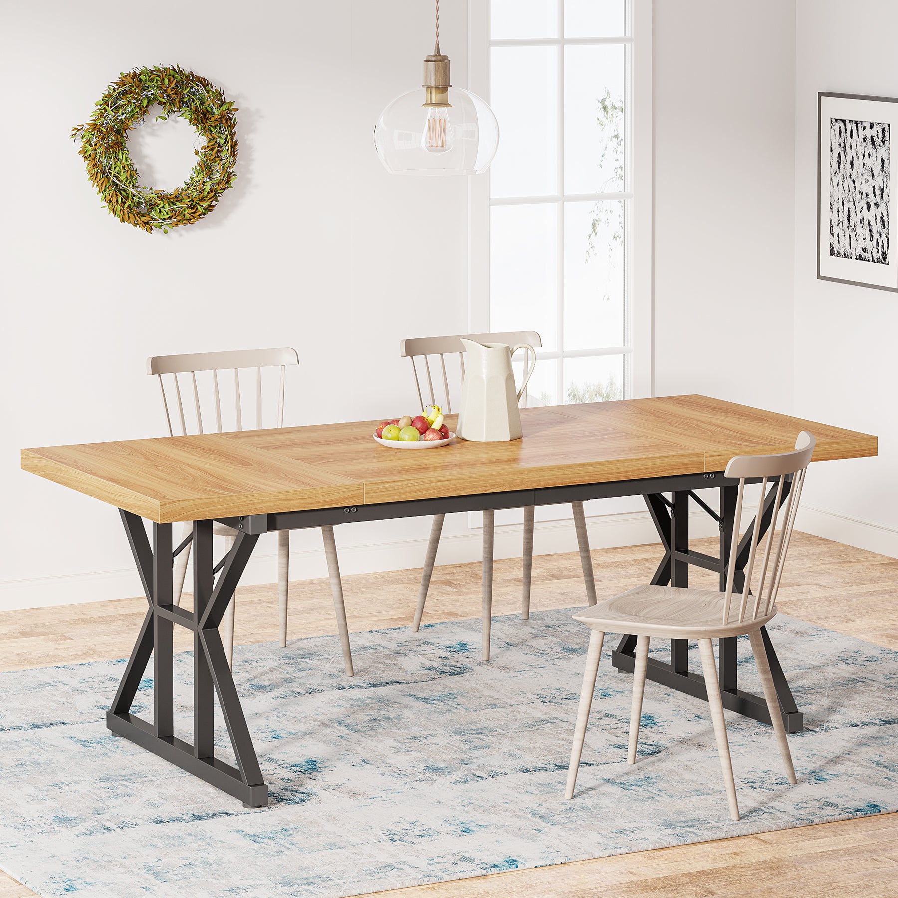 70.8" Farmhouse Dining Table for 6, Rectangular Wood Kitchen Table with Metal Legs