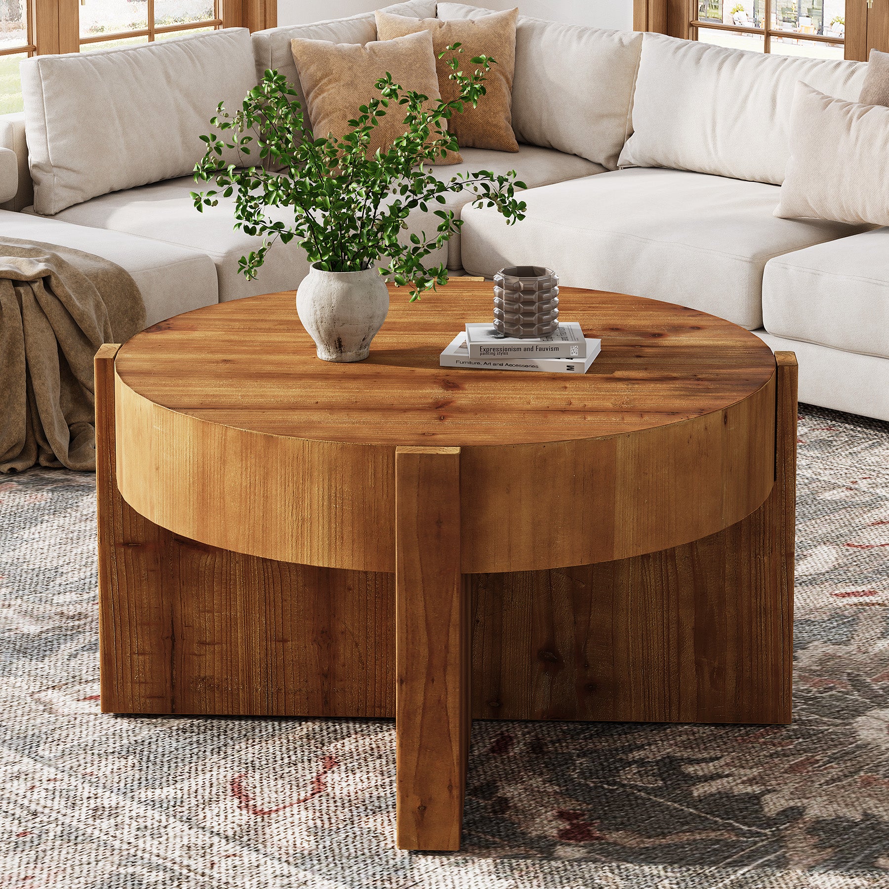 31.5" Round Coffee Table, Solid Wood Center Table with X-Shaped Legs