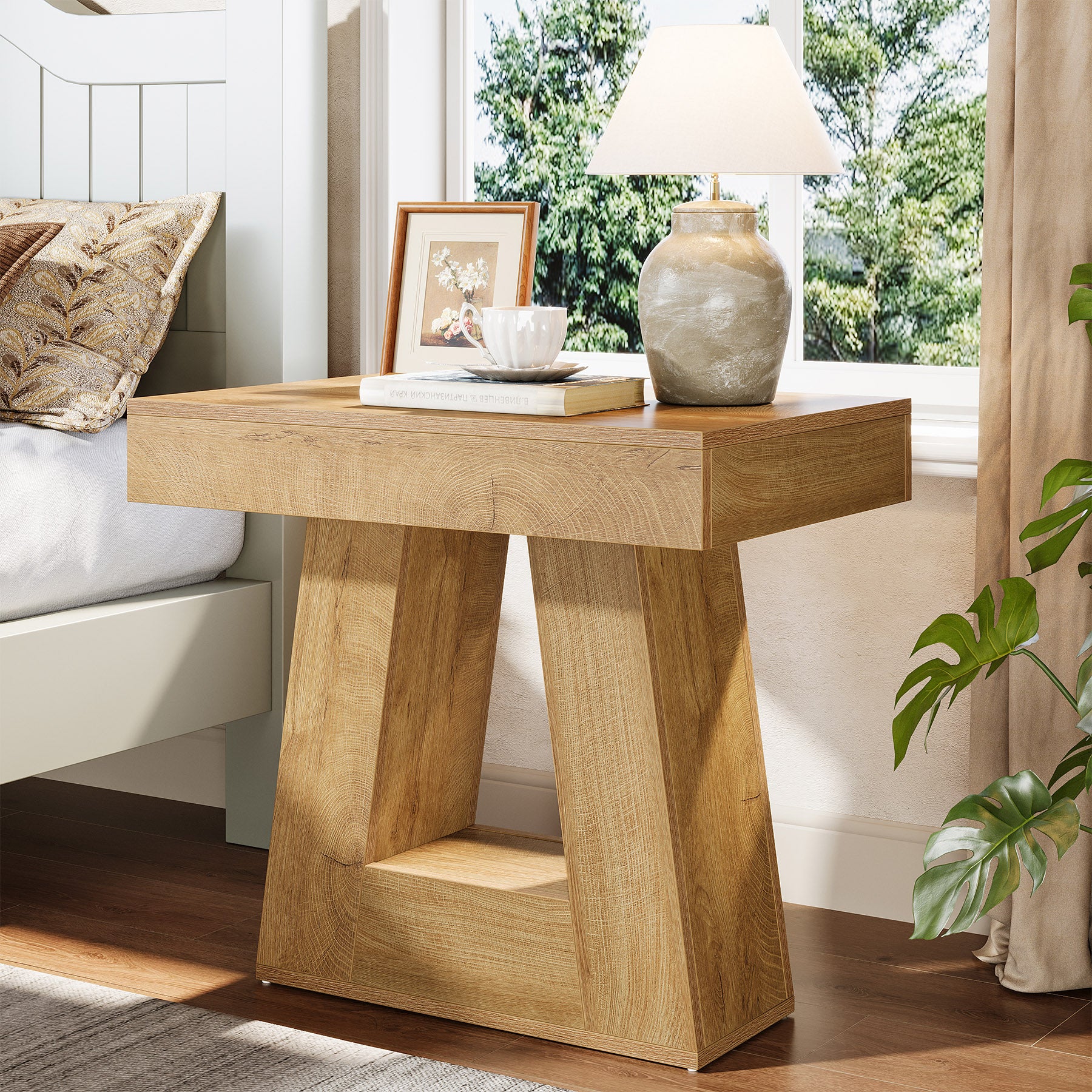 2-Tier Nightstand, Wooden Bedside Table with Trapezoid Base