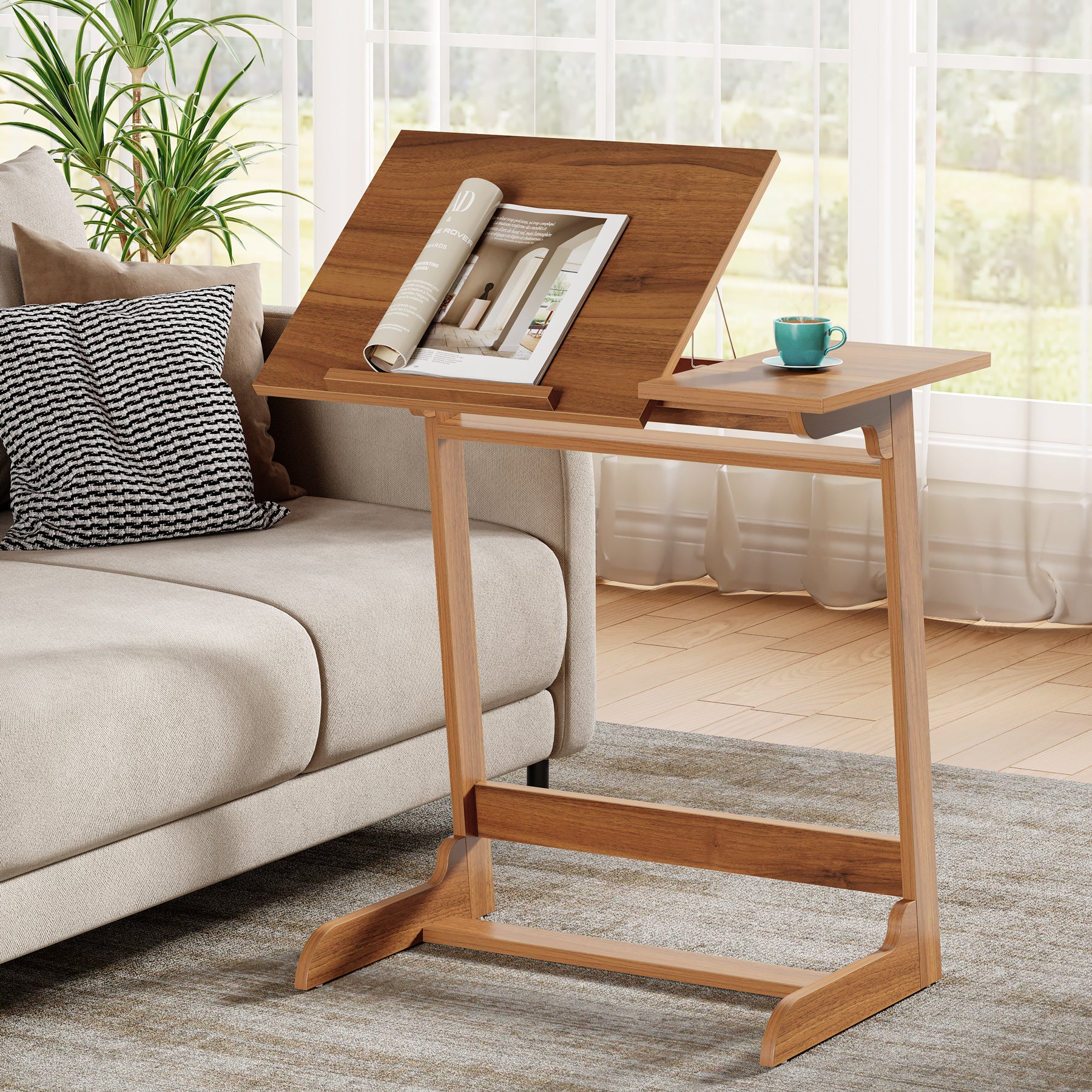 C-Shaped End Table, 25" Side Table With Tiltable Board For Living Room