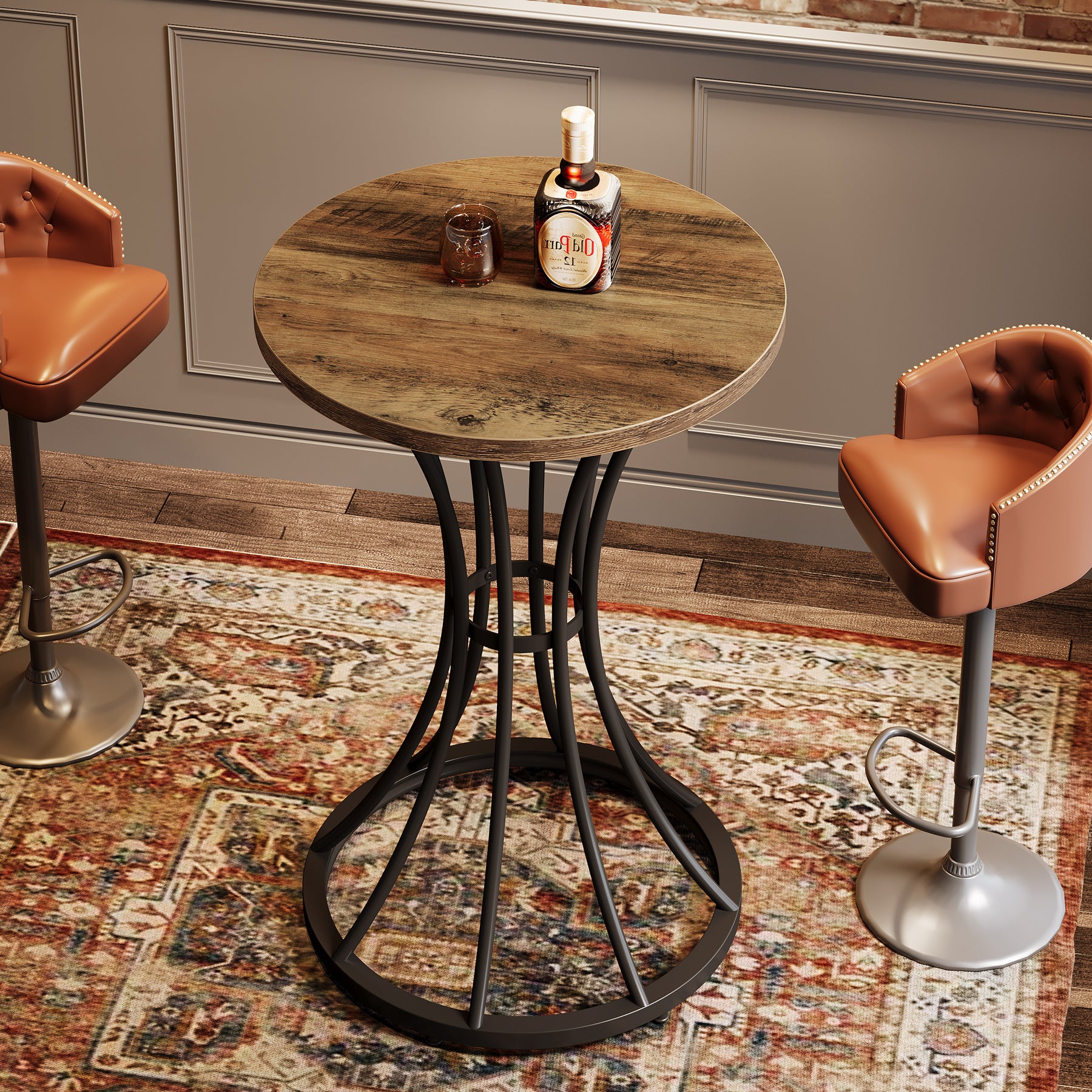 Round Bar Table for 2, 37.4" H Cocktail Table with Curved Metal Base